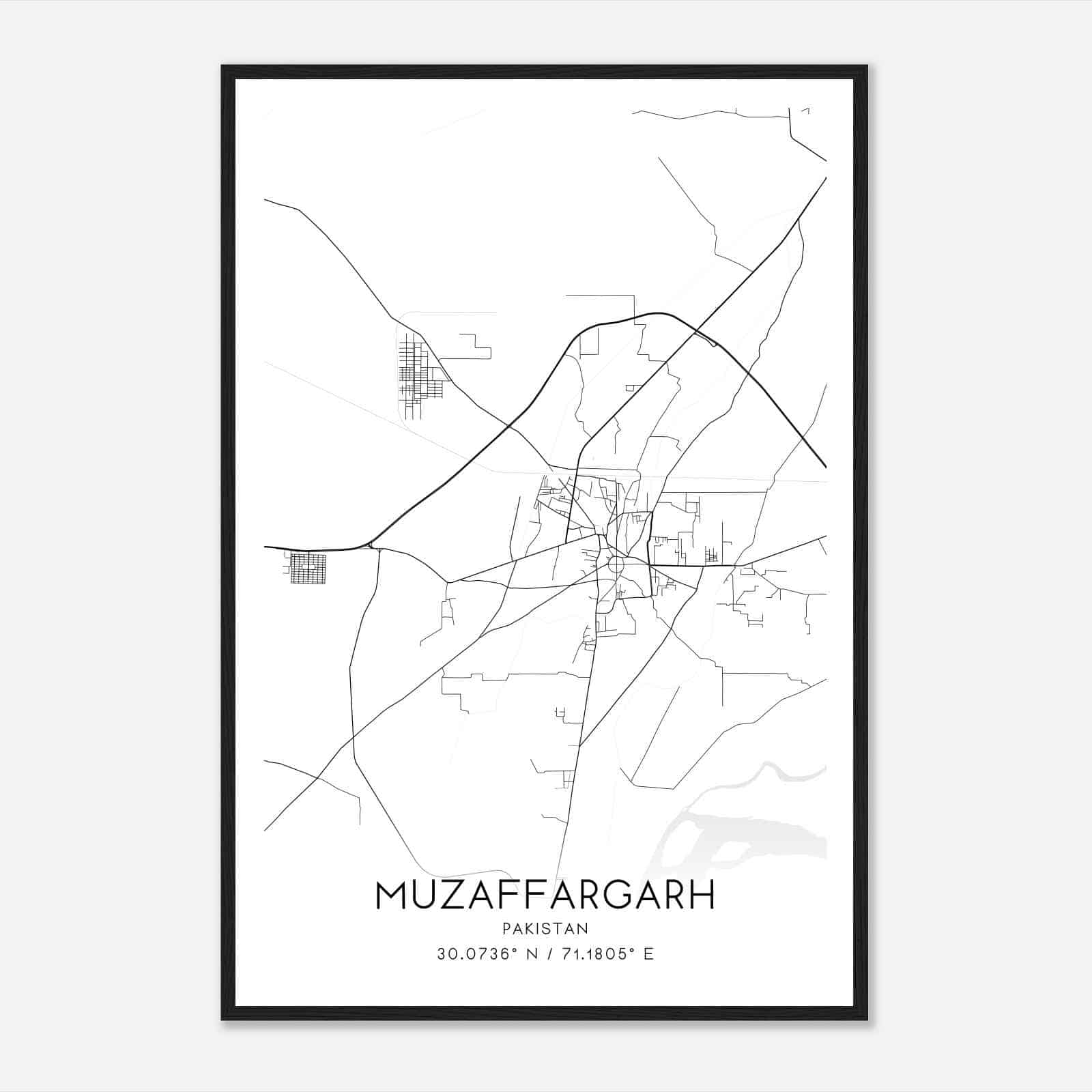 Muzaffargarh Pakistan Map Poster, Muzaffargarh City Road Wall Art Print