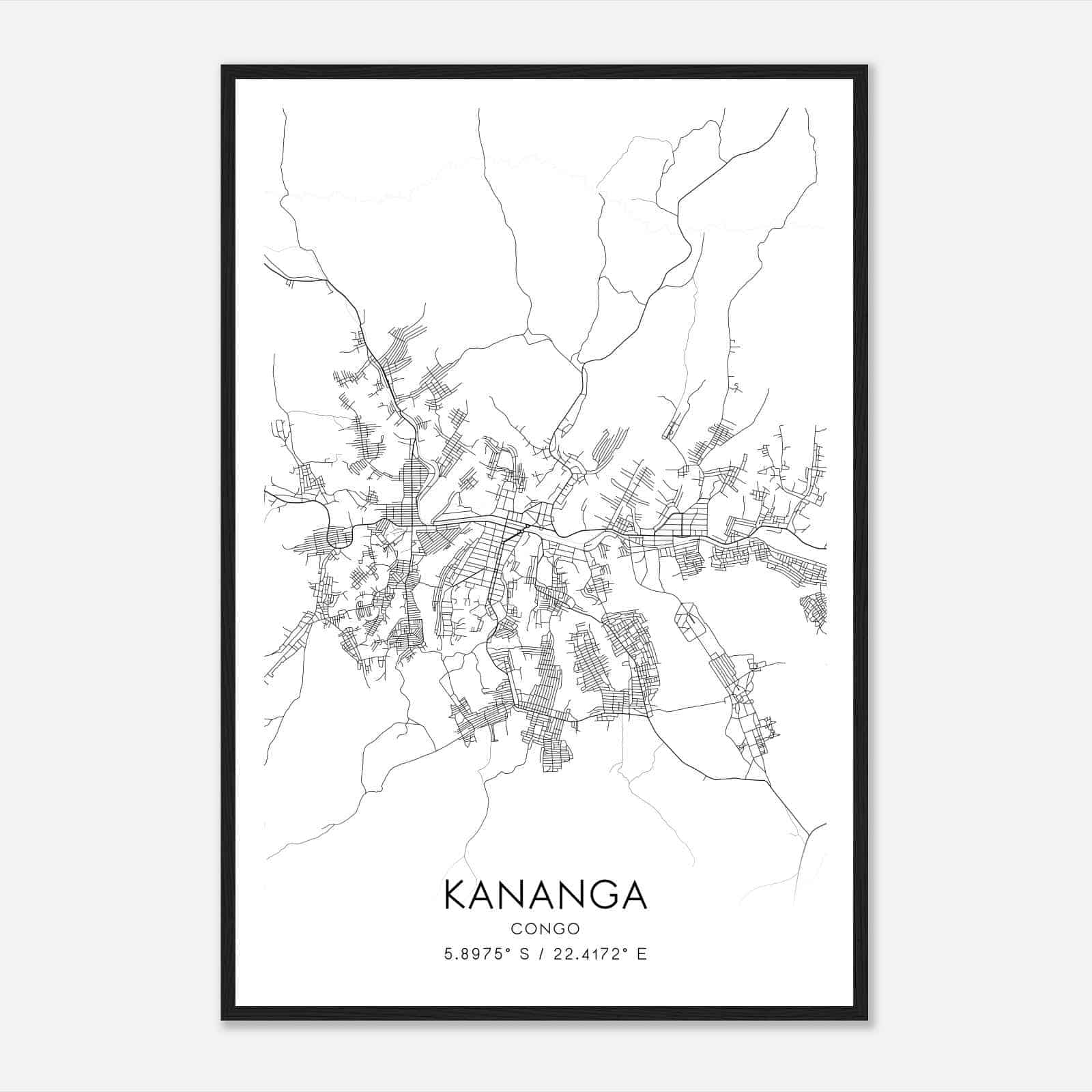Kananga Congo Map Poster, Kananga City Road Wall Art Print