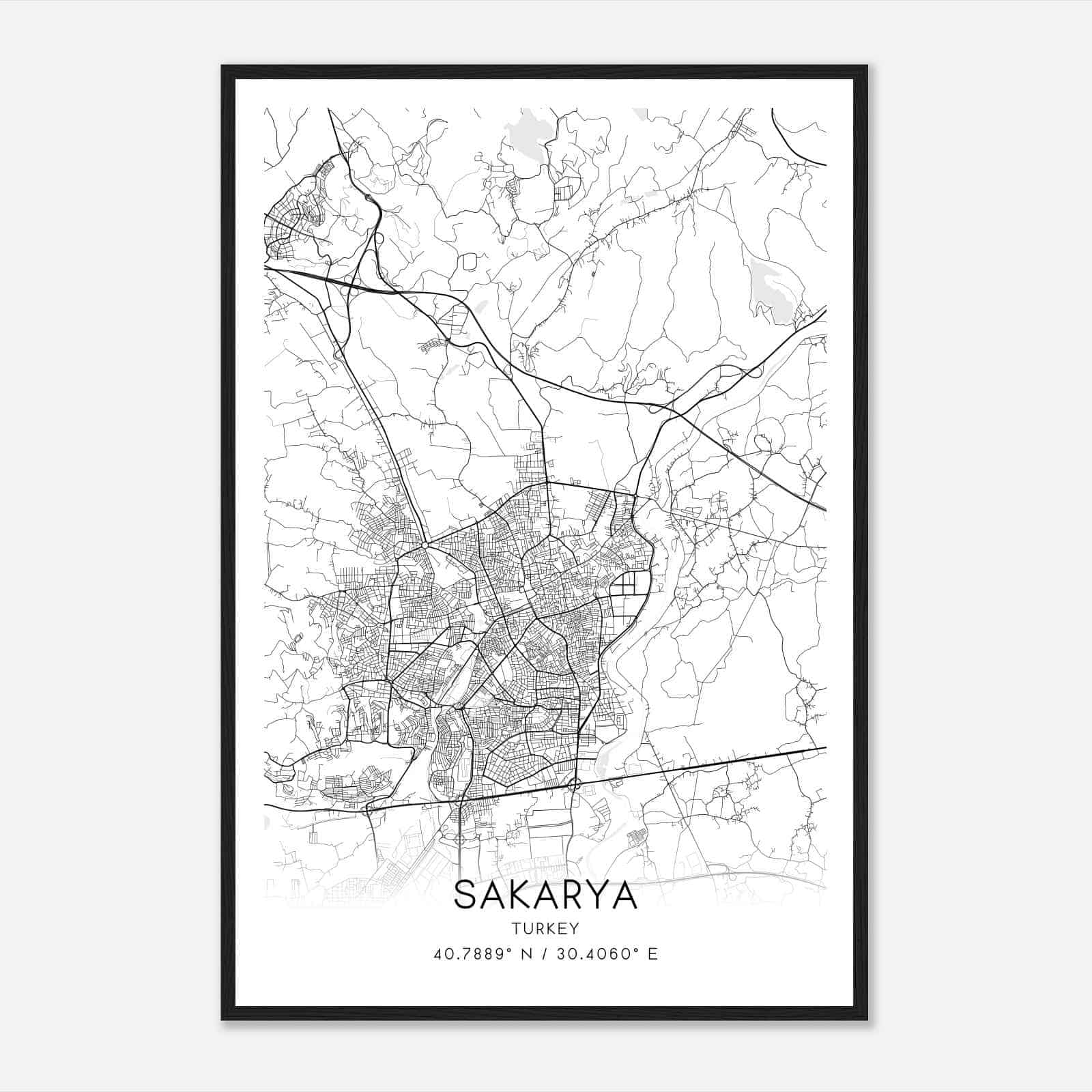 Sakarya Turkey Map Poster, Sakarya City Road Wall Art Print