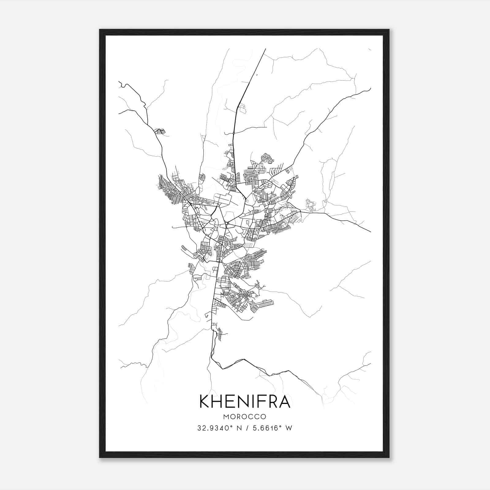 Khenifra Morocco Map Poster, Khenifra City Road Wall Art Print
