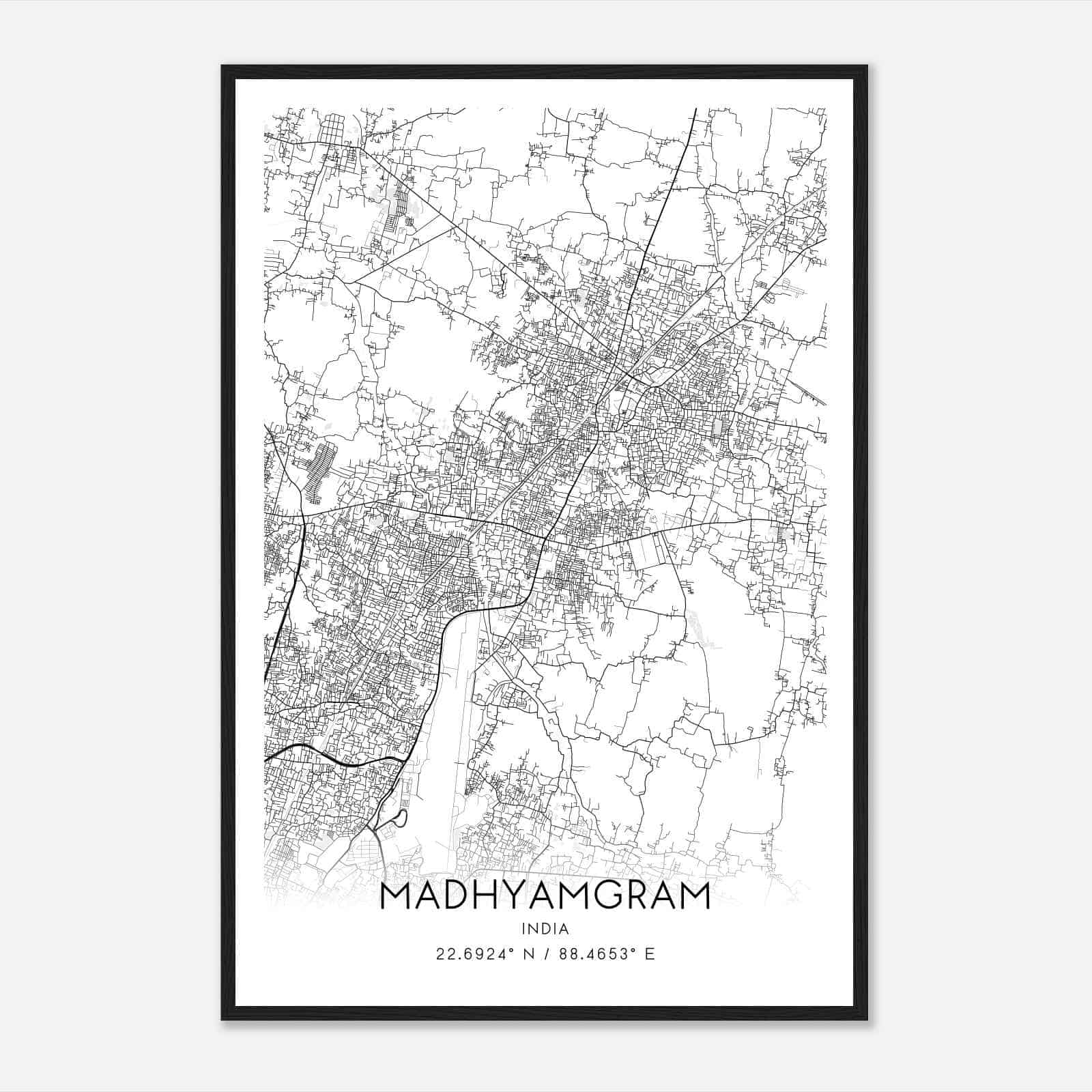 Madhyamgram India Map Poster, Madhyamgram City Road Wall Art Print