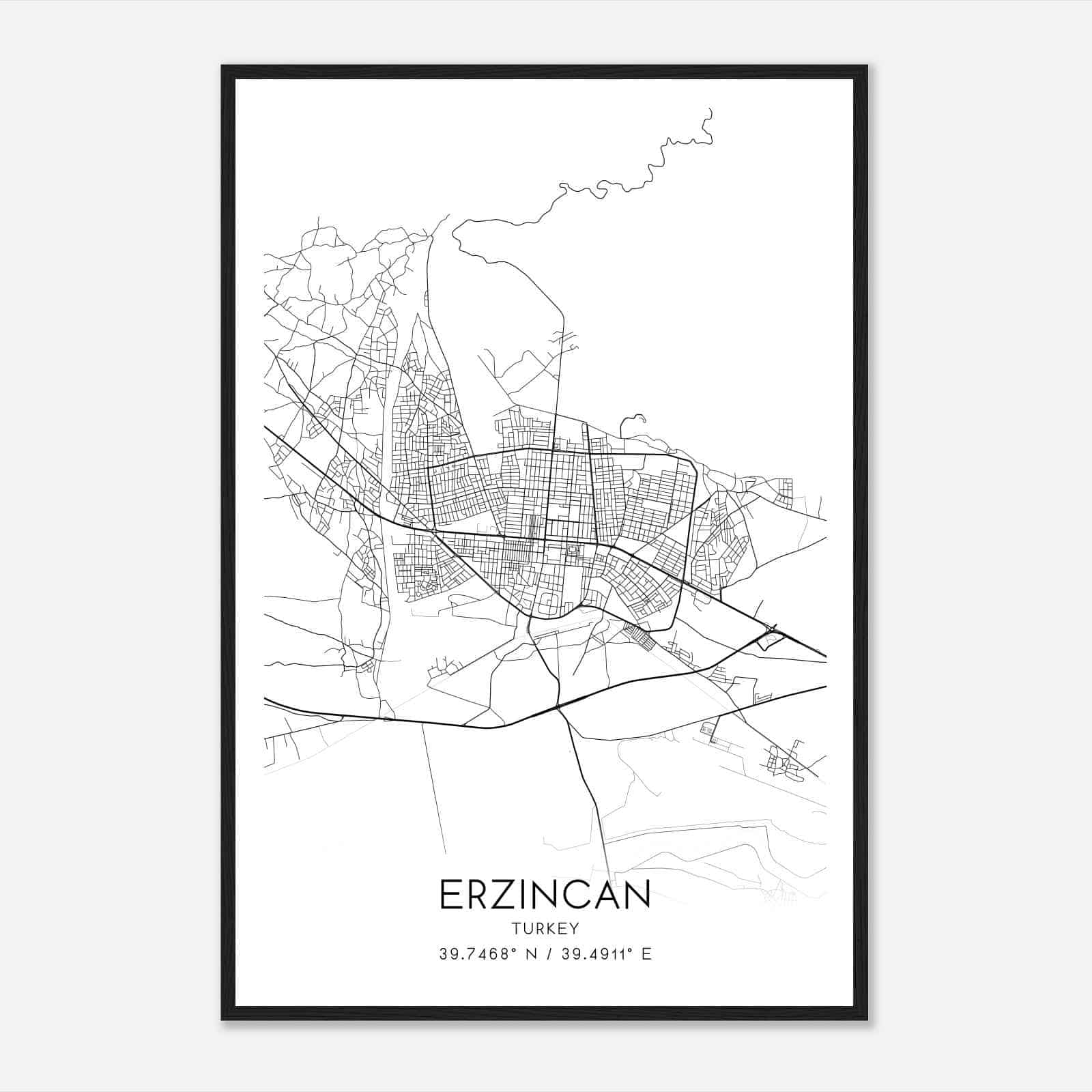 Erzincan Turkey Map Poster, Erzincan City Road Wall Art Print