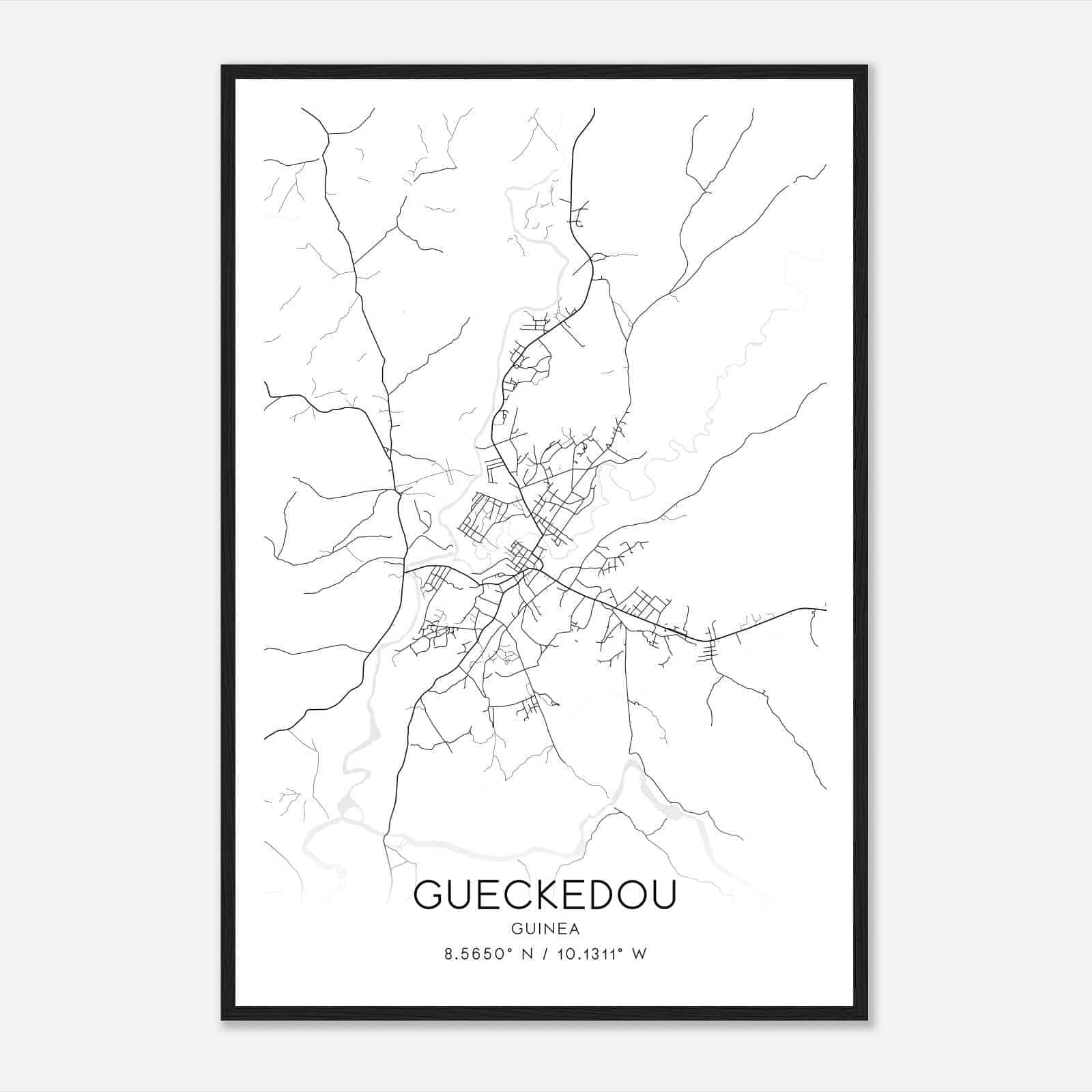 Gueckedou Guinea Map Poster, Gueckedou City Road Wall Art Print