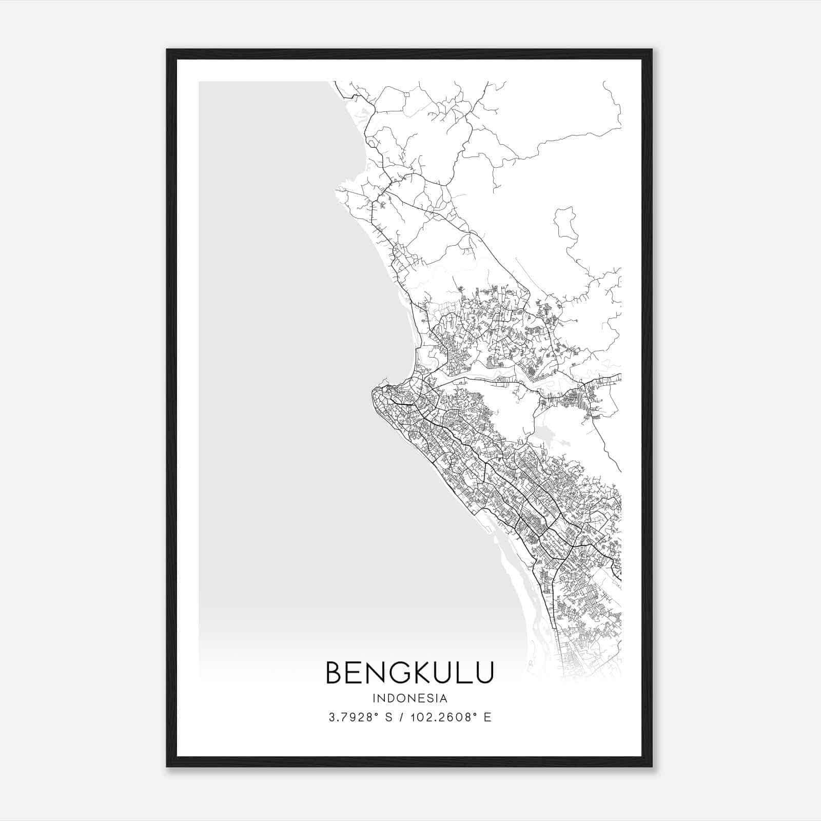Bengkulu Indonesia Map Poster, Bengkulu City Road Wall Art Print