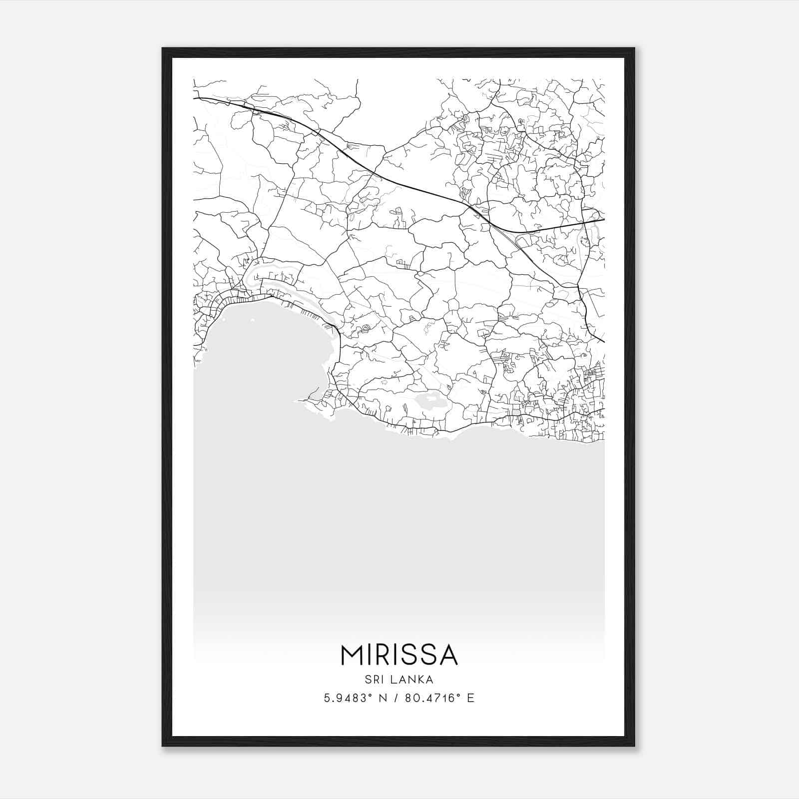 Mirissa Sri Lanka Map Poster, Mirissa City Road Wall Art Print