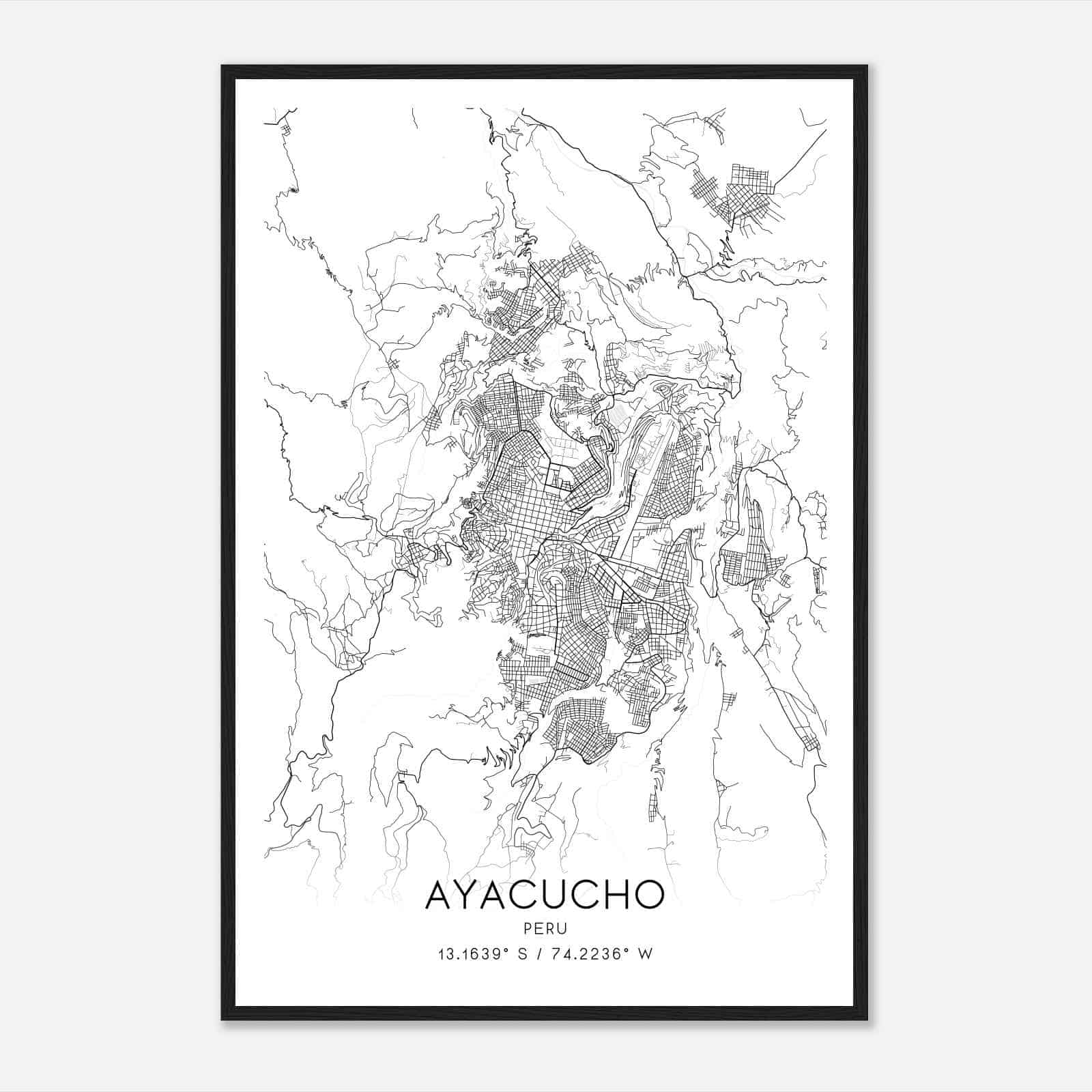 Ayacucho Peru Map Poster, Ayacucho City Road Wall Art Print