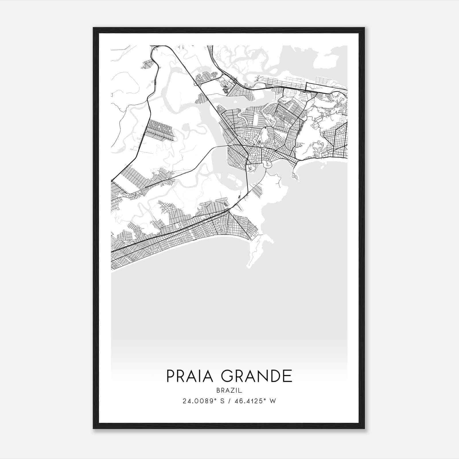 Praia Grande Brazil Map Poster, Praia Grande City Road Wall Art Print