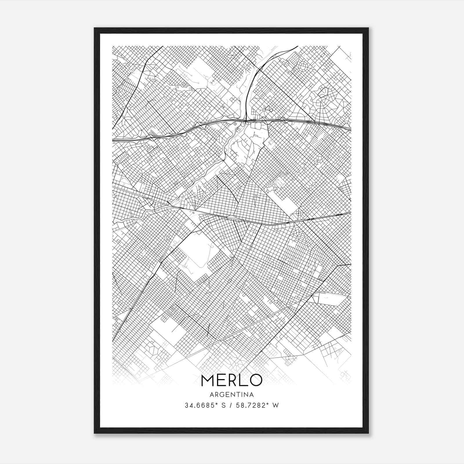 Merlo Argentina Map Poster, Merlo City Road Wall Art Print