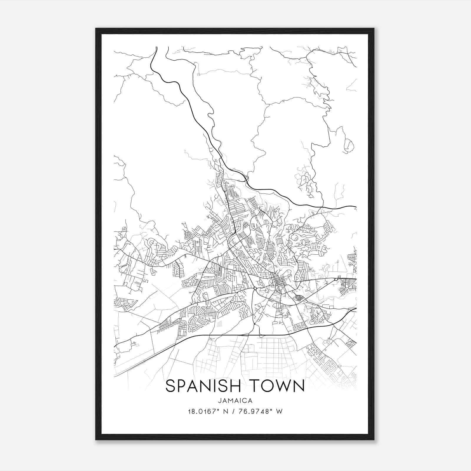 Spanish Town Jamaica Map Poster, Spanish Town City Road Wall Art Print