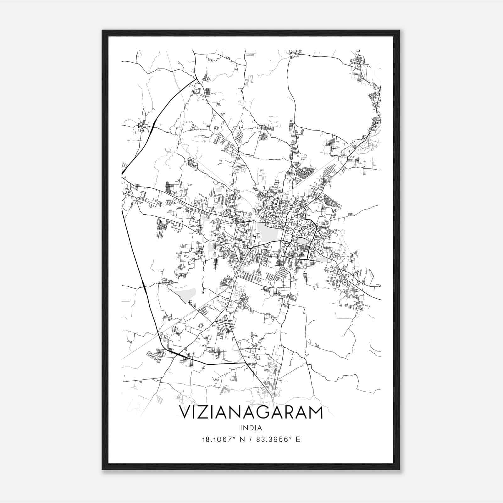 Vizianagaram India Map Poster, Vizianagaram City Road Wall Art Print