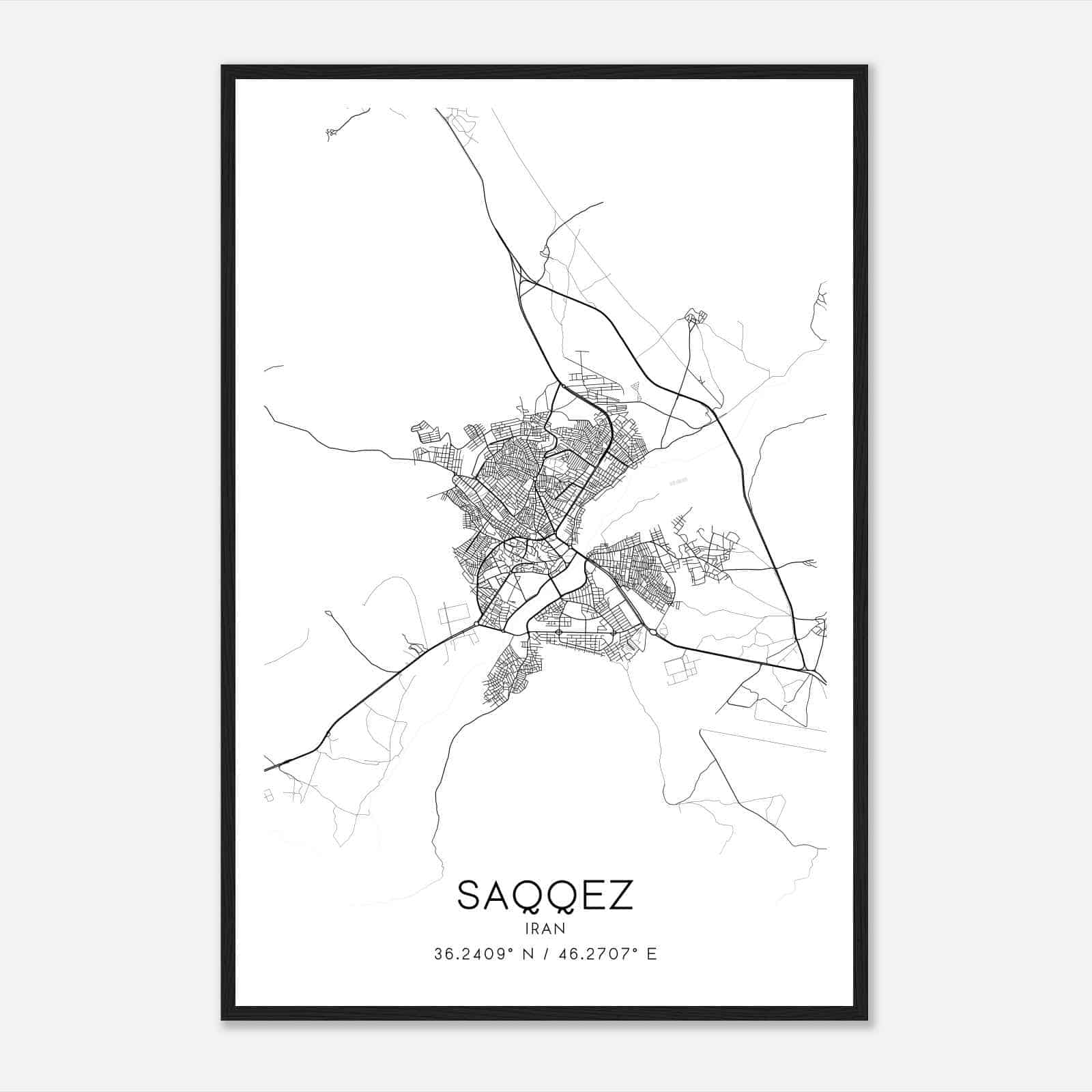 Saqqez Iran Map Poster, Saqqez City Road Wall Art Print