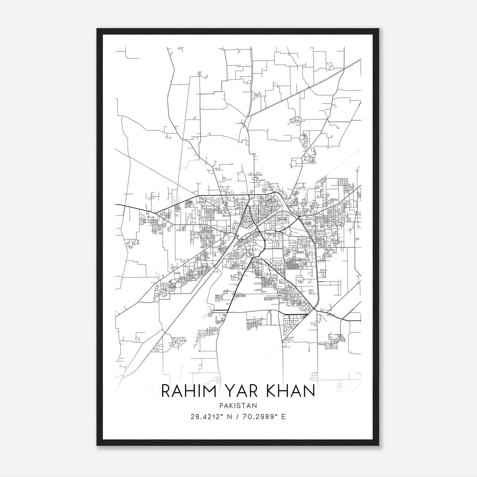 Rahim Yar Khan Pakistan Map Poster, Rahim Yar Khan City Road Wall Art Print