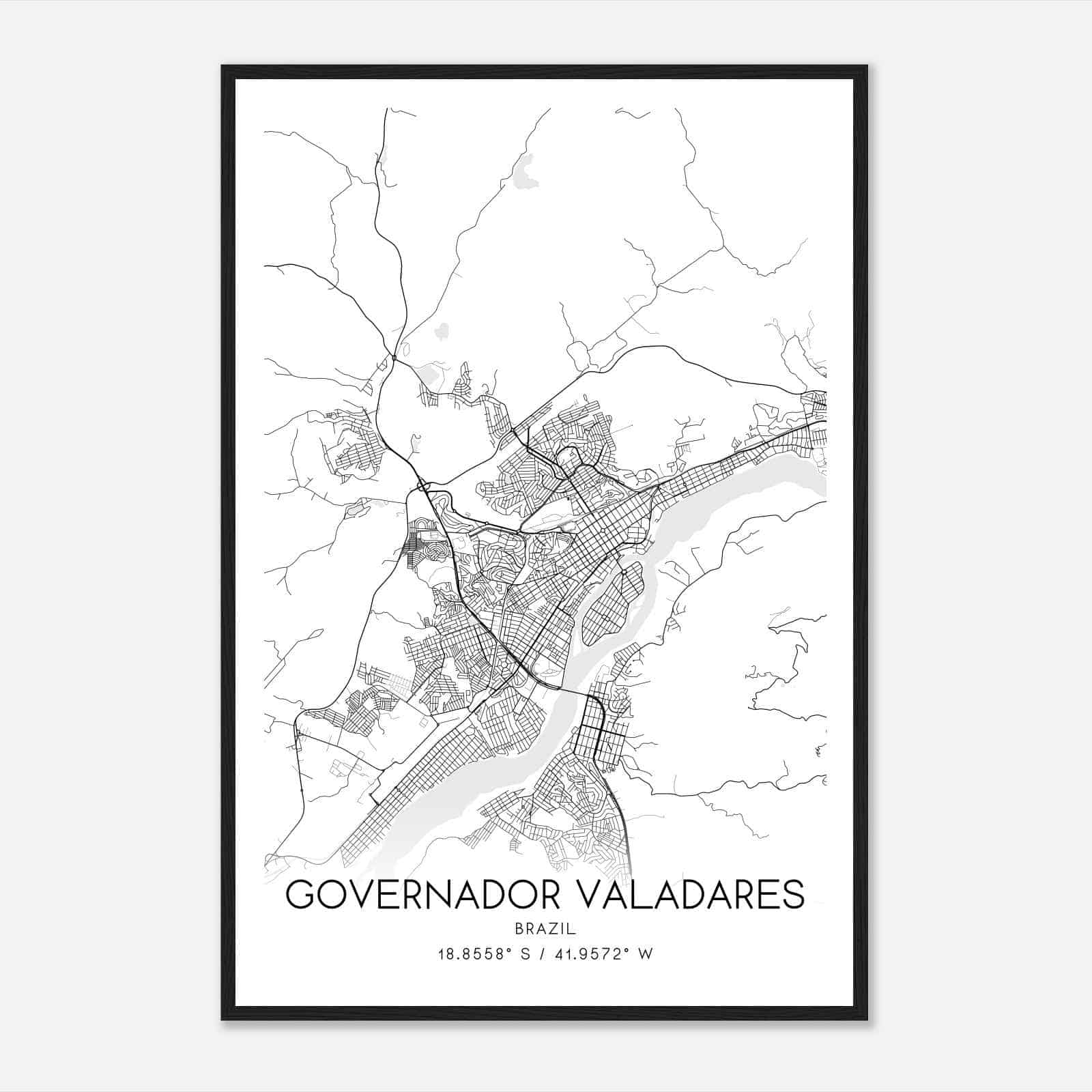 Governador Valadares Brazil Map Poster, Governador Valadares City Road Wall Art Print
