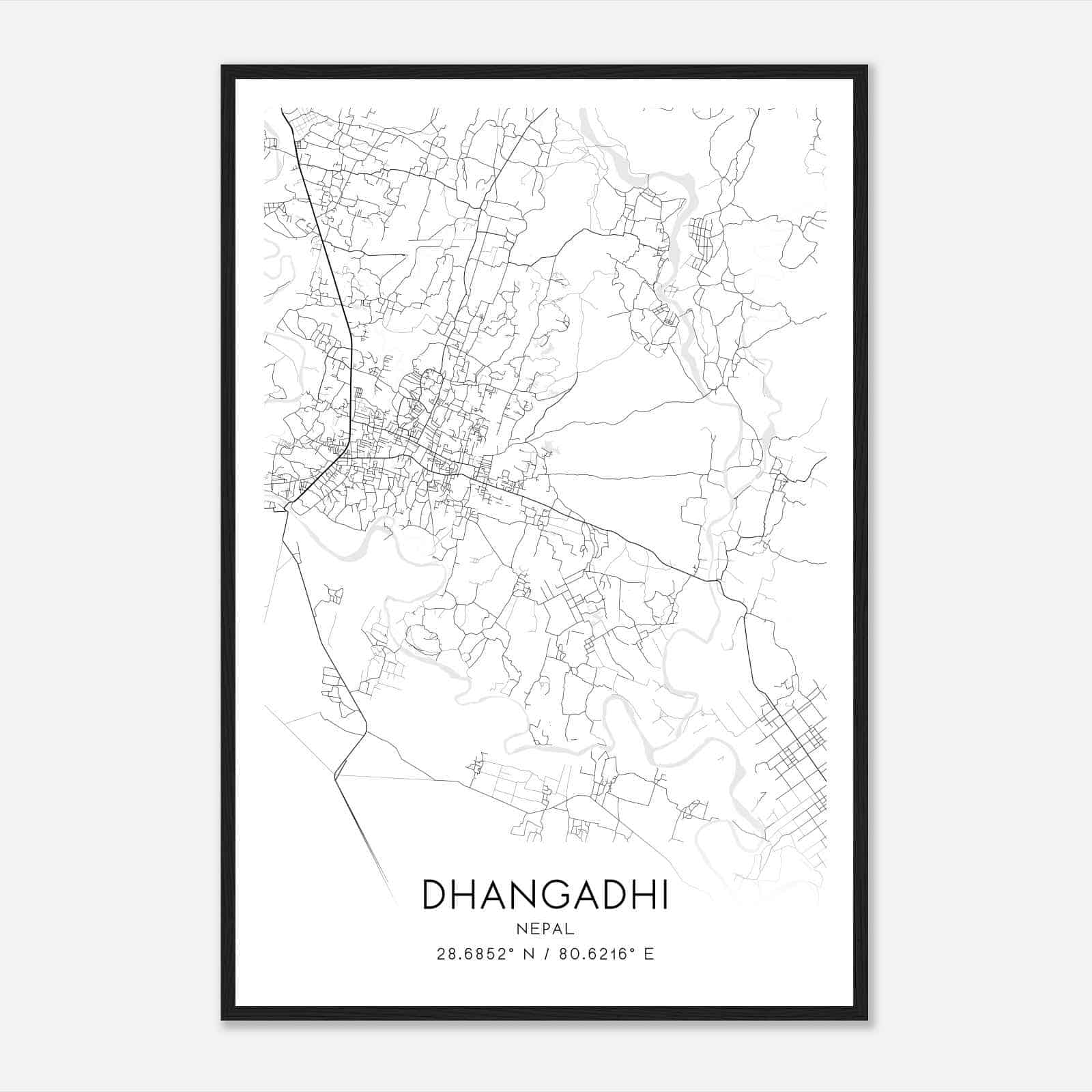 Dhangadhi Nepal Map Poster, Dhangadhi City Road Wall Art Print
