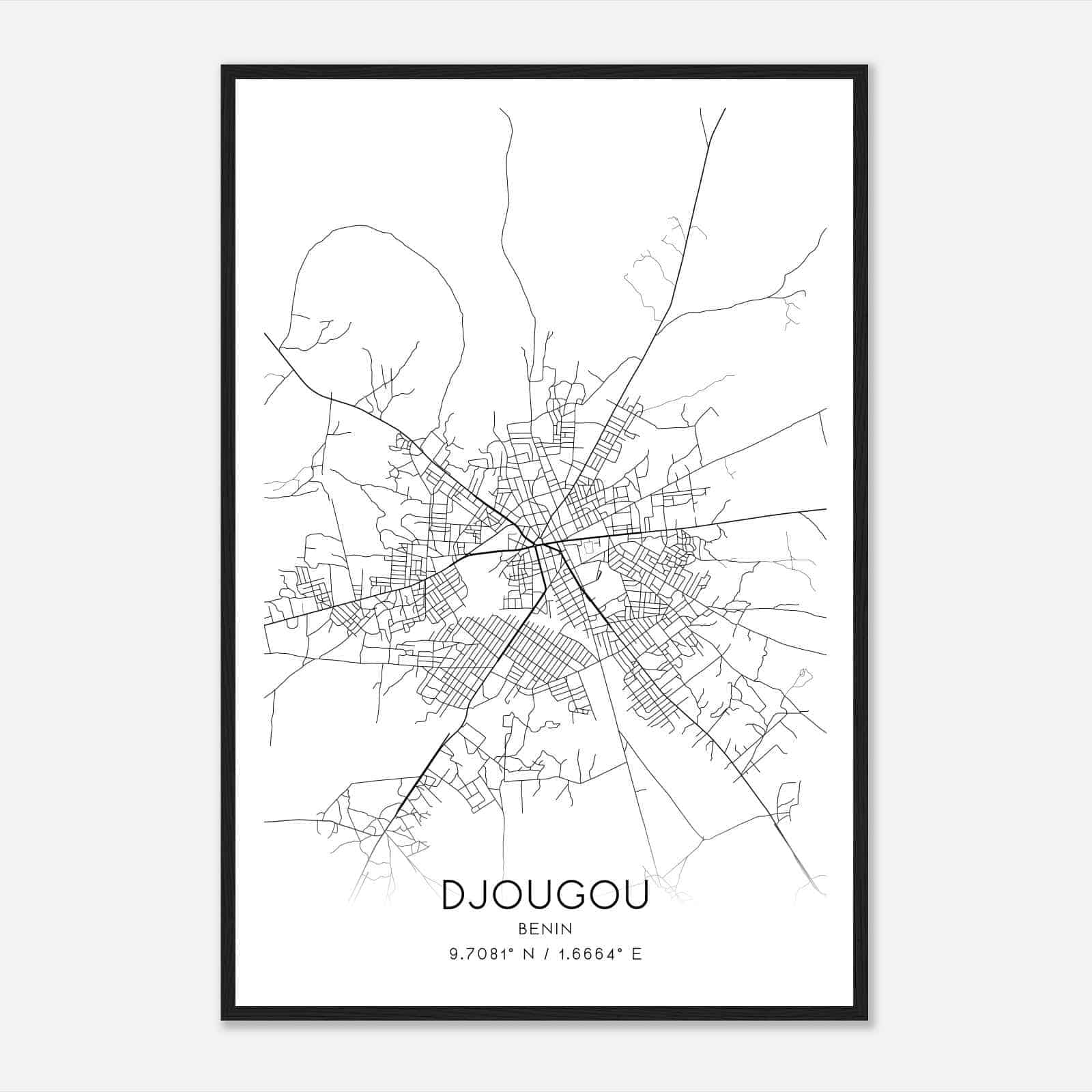 Djougou Benin Map Poster, Djougou City Road Wall Art Print