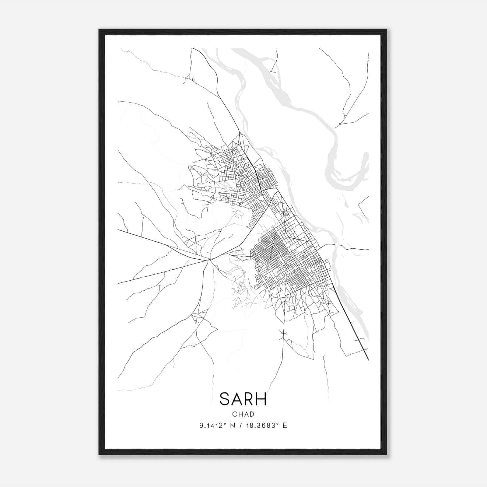 Sarh Chad Map Poster, Sarh City Road Wall Art Print