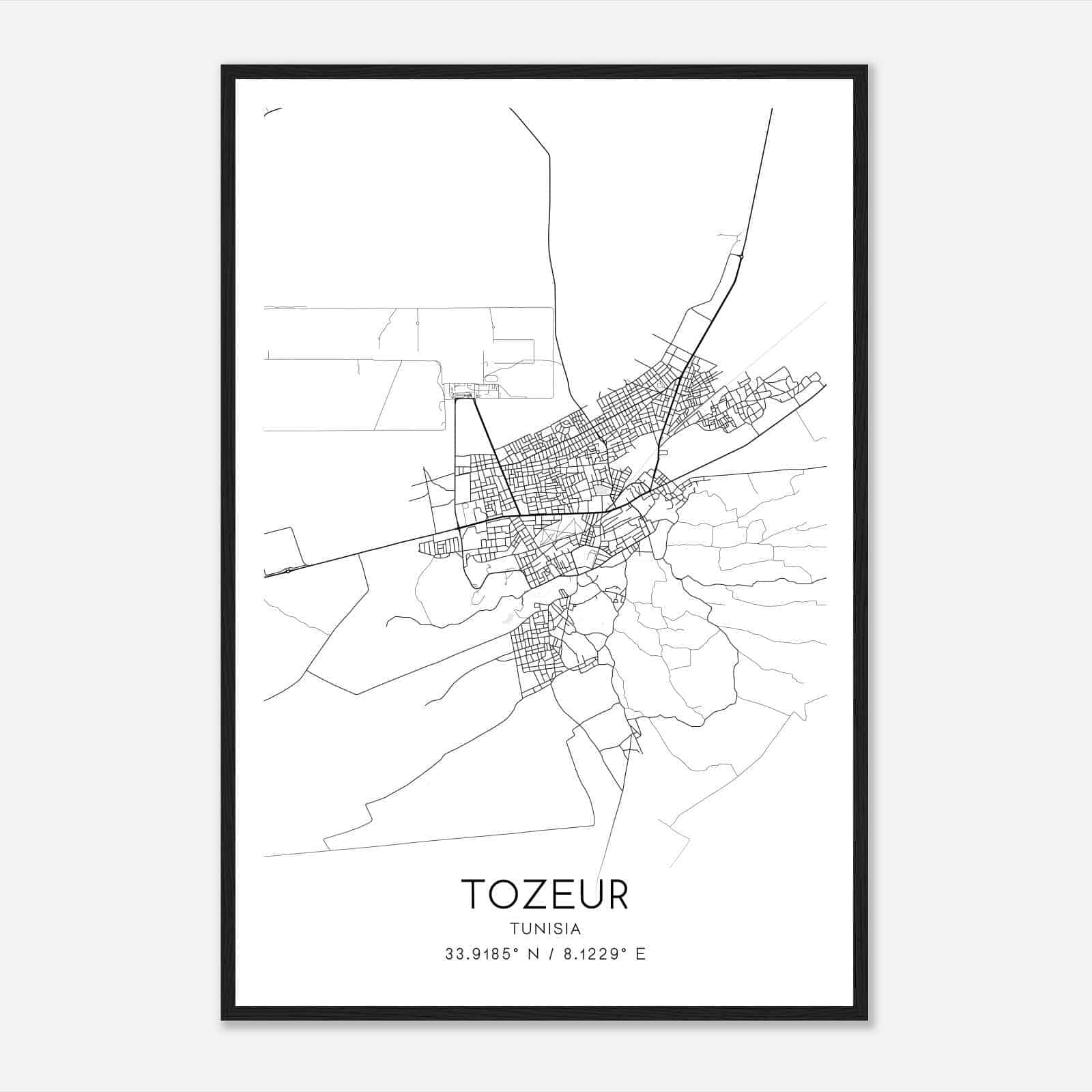 Tozeur Tunisia Map Poster, Tozeur City Road Wall Art Print