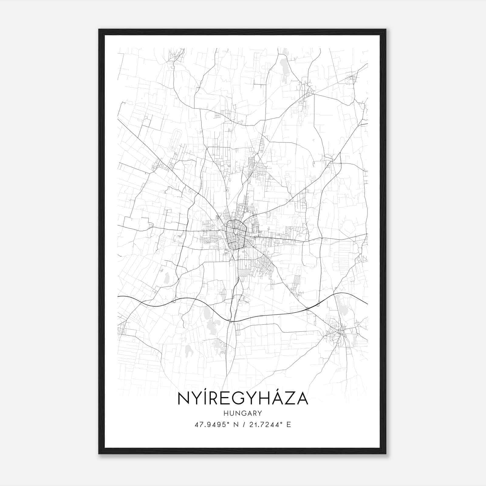 Nyiregyhaza Hungary Map Poster, Nyiregyhaza City Road Wall Art Print