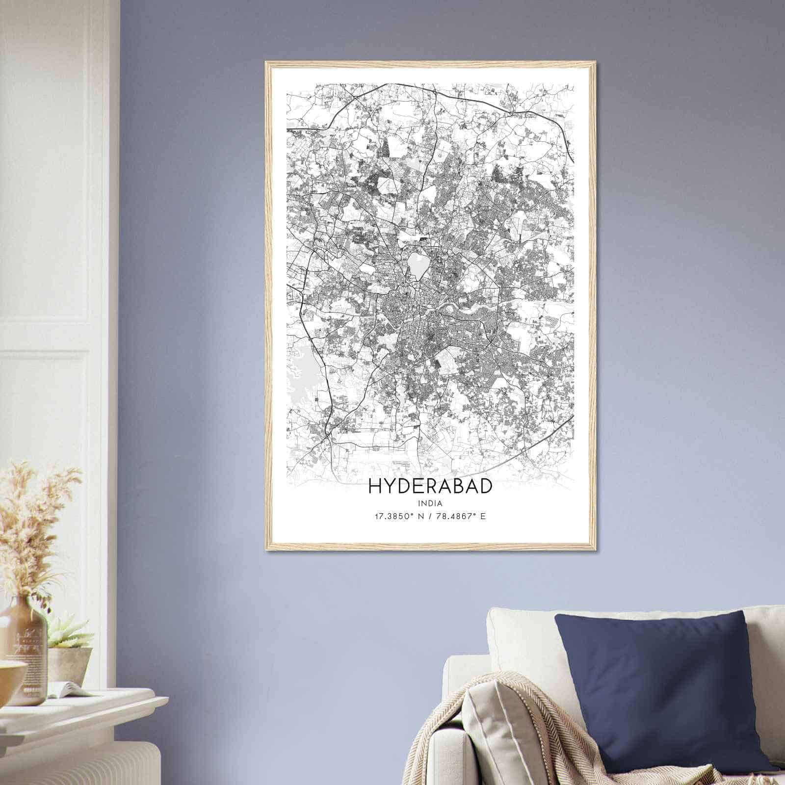 Hyderabad India Map Poster, Hyderabad City Road Wall Art Print