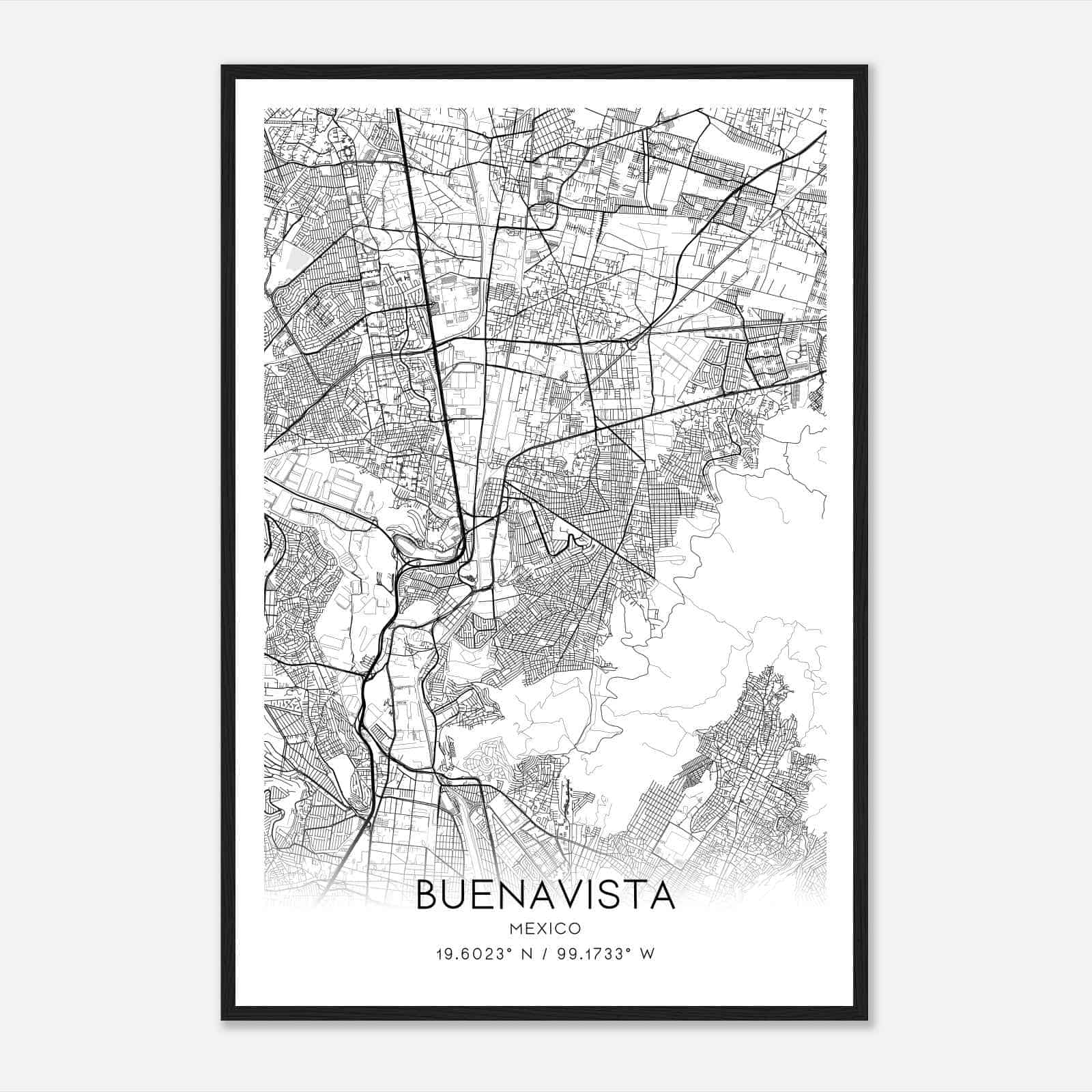 Buenavista Mexico Map Poster, Buenavista City Road Wall Art Print