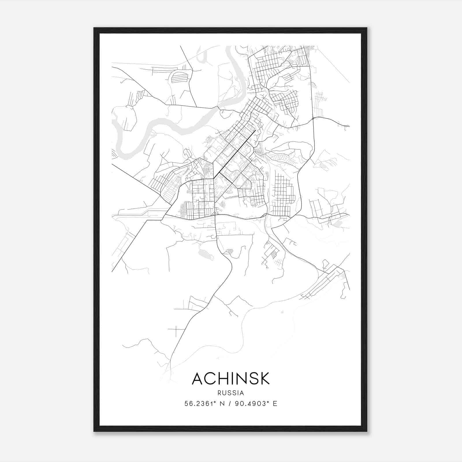 Achinsk Russia Map Poster, Achinsk City Road Wall Art Print