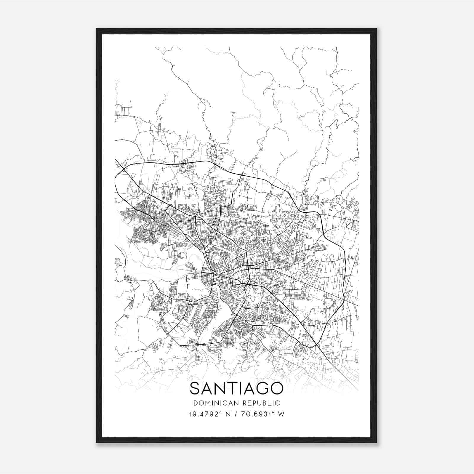 Santiago Dominican Republic Map Poster, Santiago City Road Wall Art Print