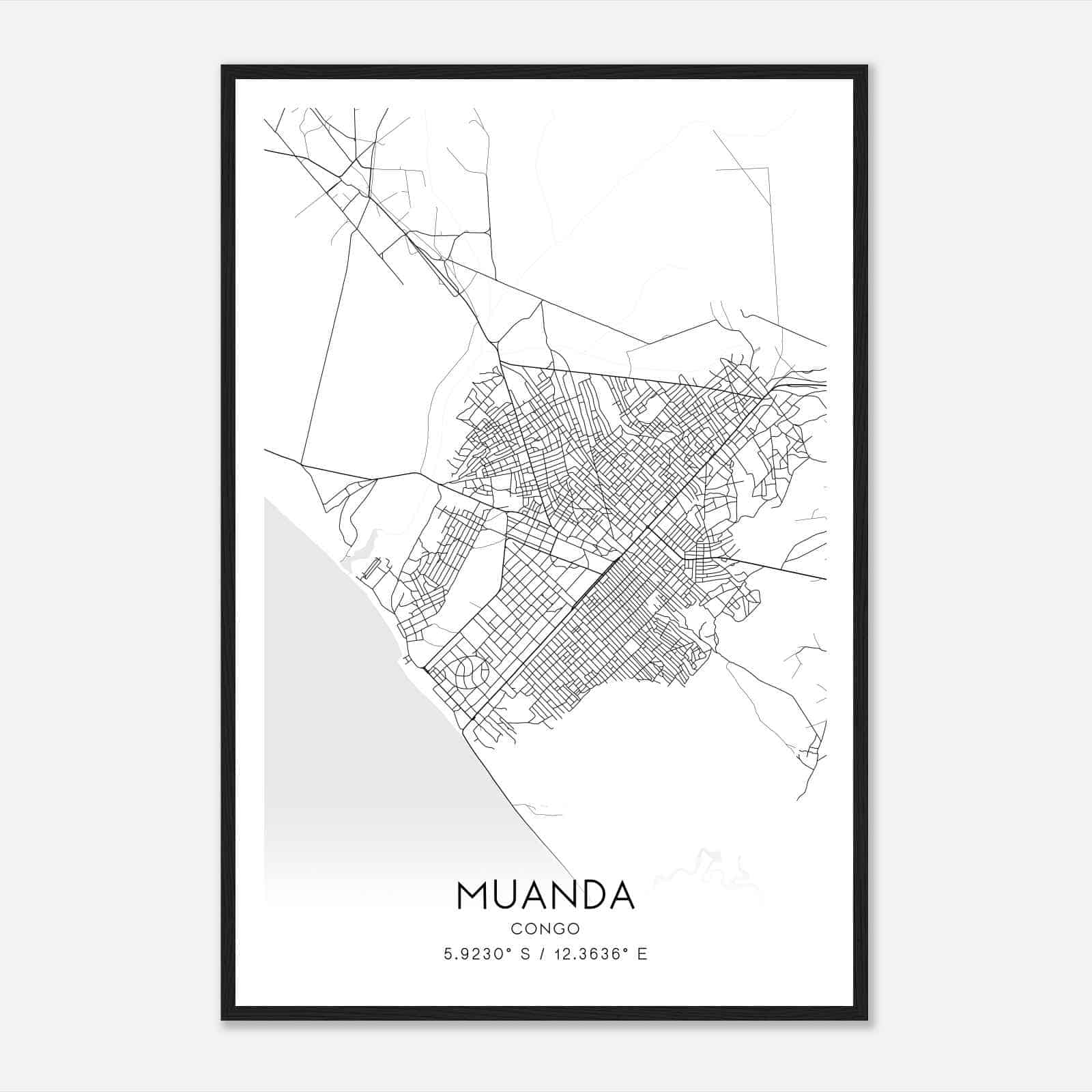 Muanda Congo Map Poster, Muanda City Road Wall Art Print