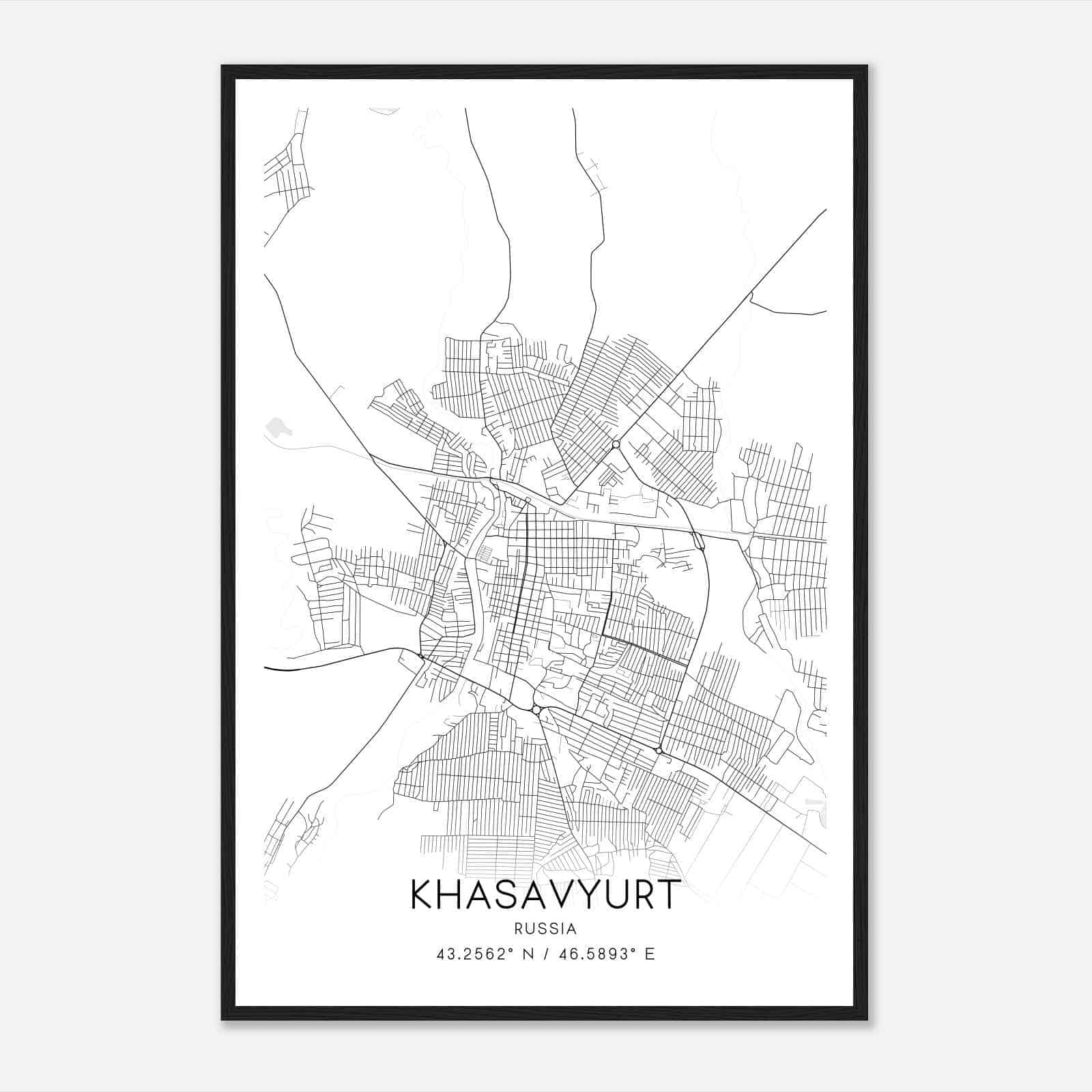 Khasavyurt Russia Map Poster, Khasavyurt City Road Wall Art Print