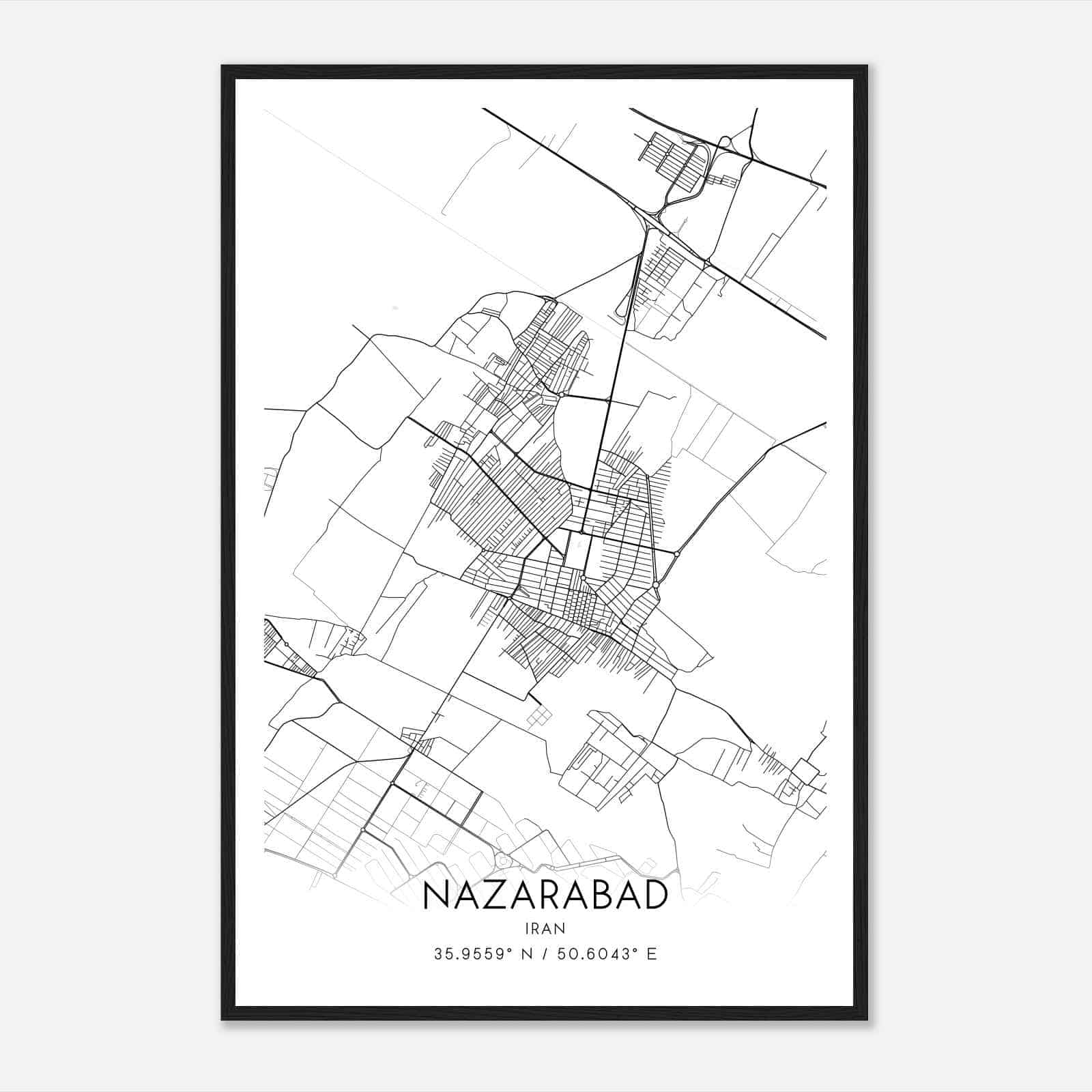 Nazarabad Iran Map Poster, Nazarabad City Road Wall Art Print