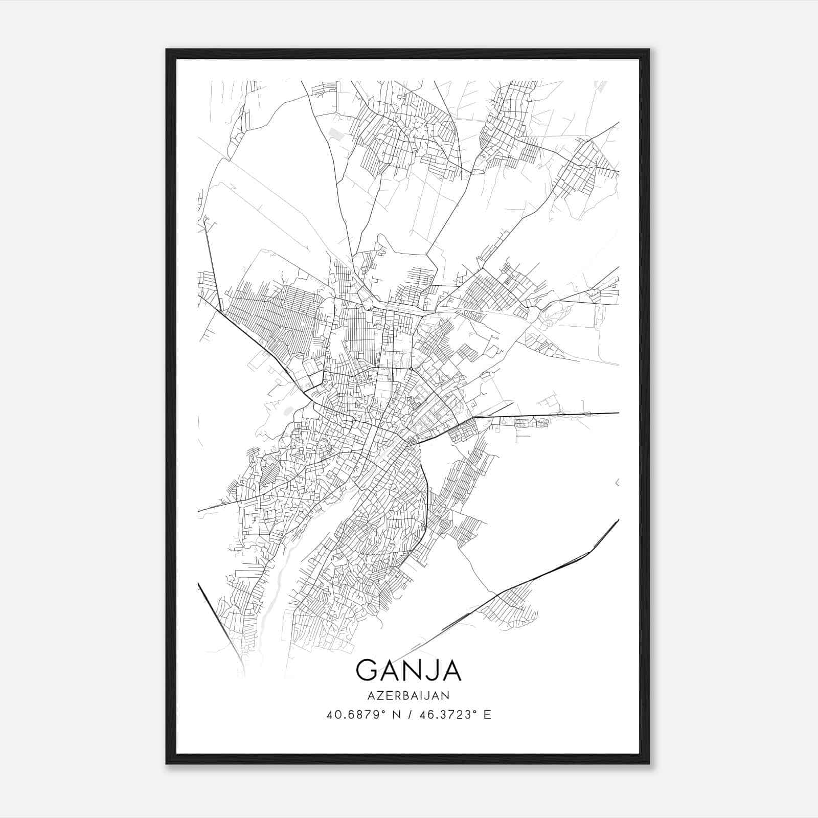 Ganja Azerbaijan Map Poster, Ganja City Road Wall Art Print