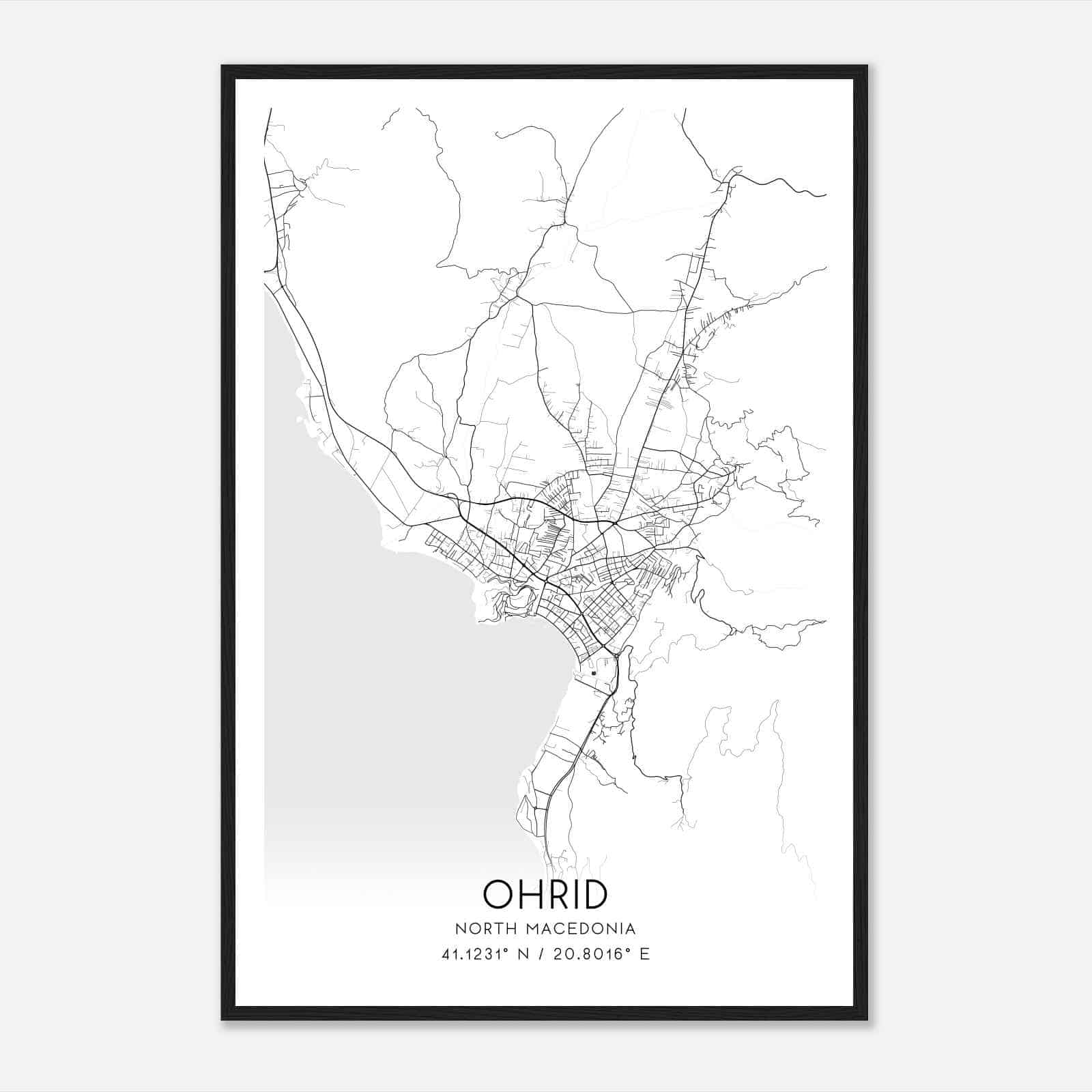 Ohrid North Macedonia Map Poster, Ohrid City Road Wall Art Print