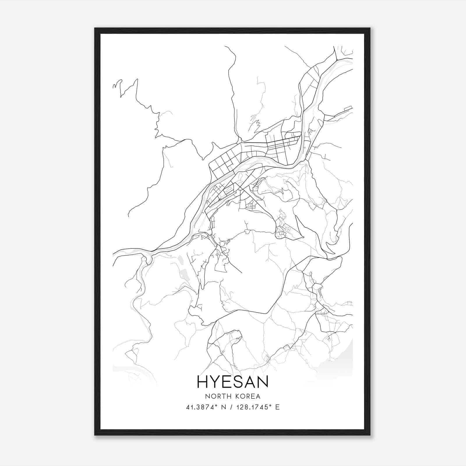 Hyesan North Korea Map Poster, Hyesan City Road Wall Art Print