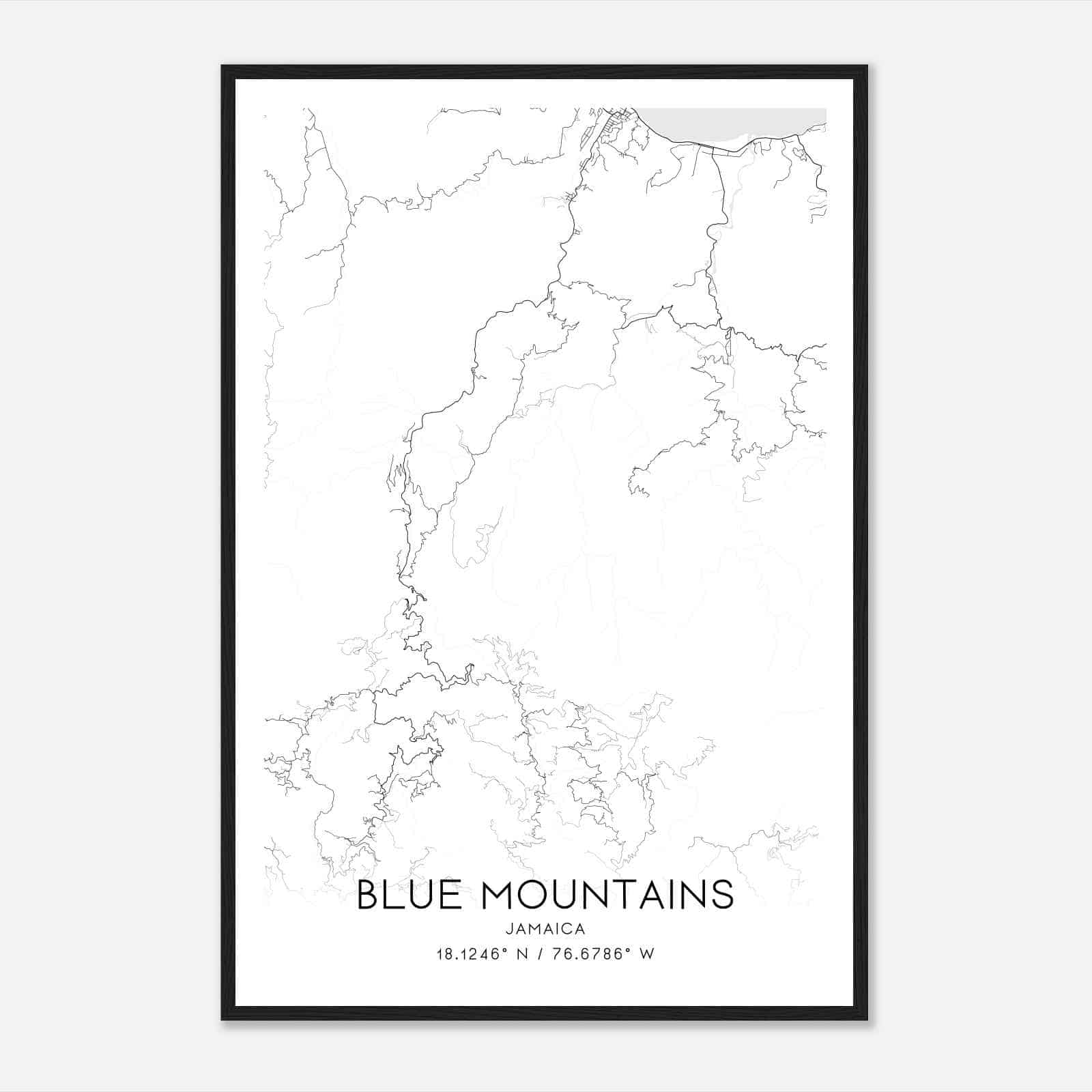 Blue Mountains Jamaica Map Poster, Blue Mountains City Road Wall Art Print