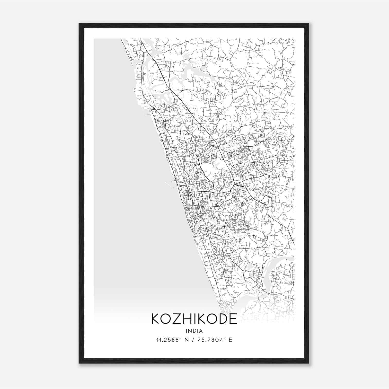 Kozhikode India Map Poster, Kozhikode City Road Wall Art Print