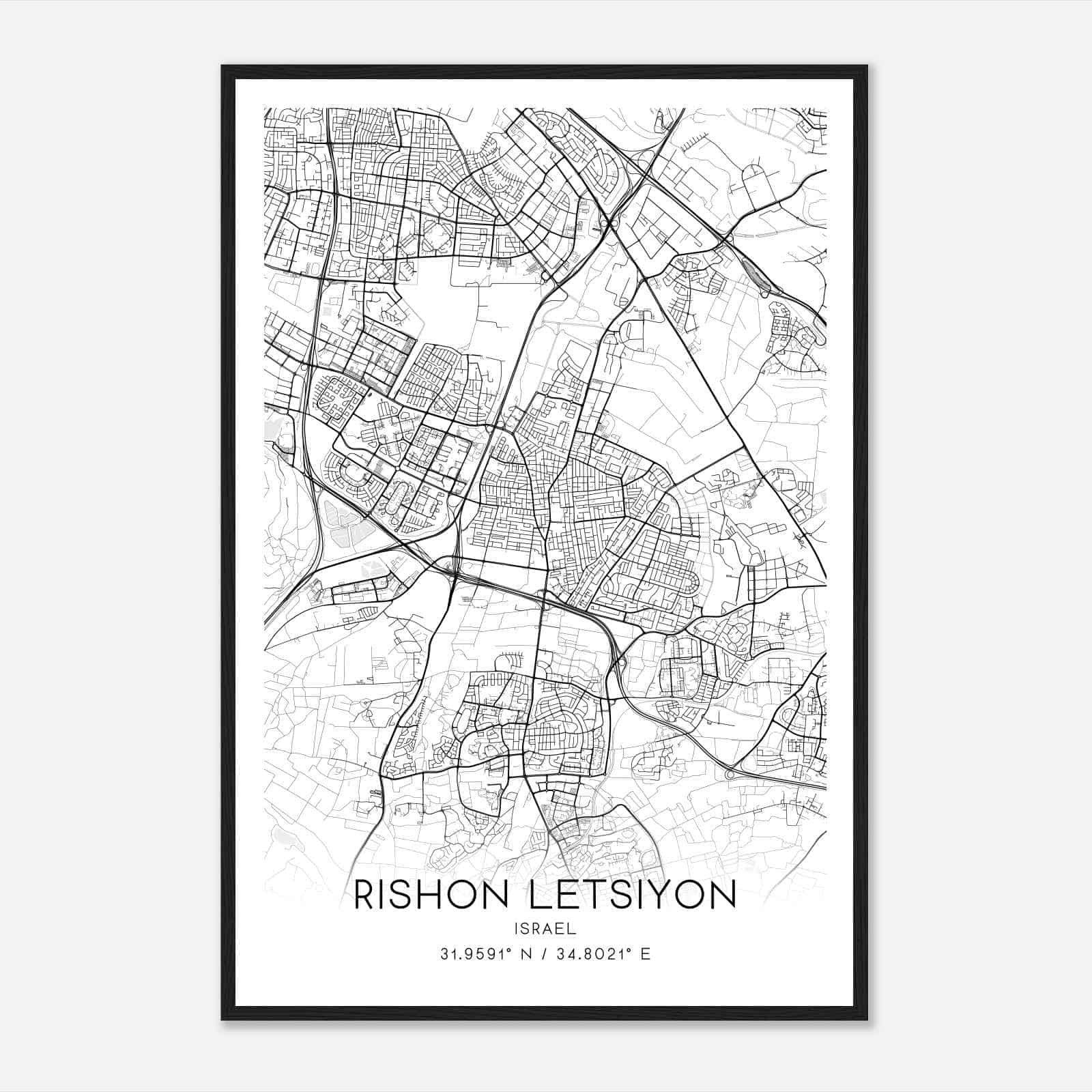 Rishon LeTsiyon Israel Map Poster, Rishon LeTsiyon City Road Wall Art Print