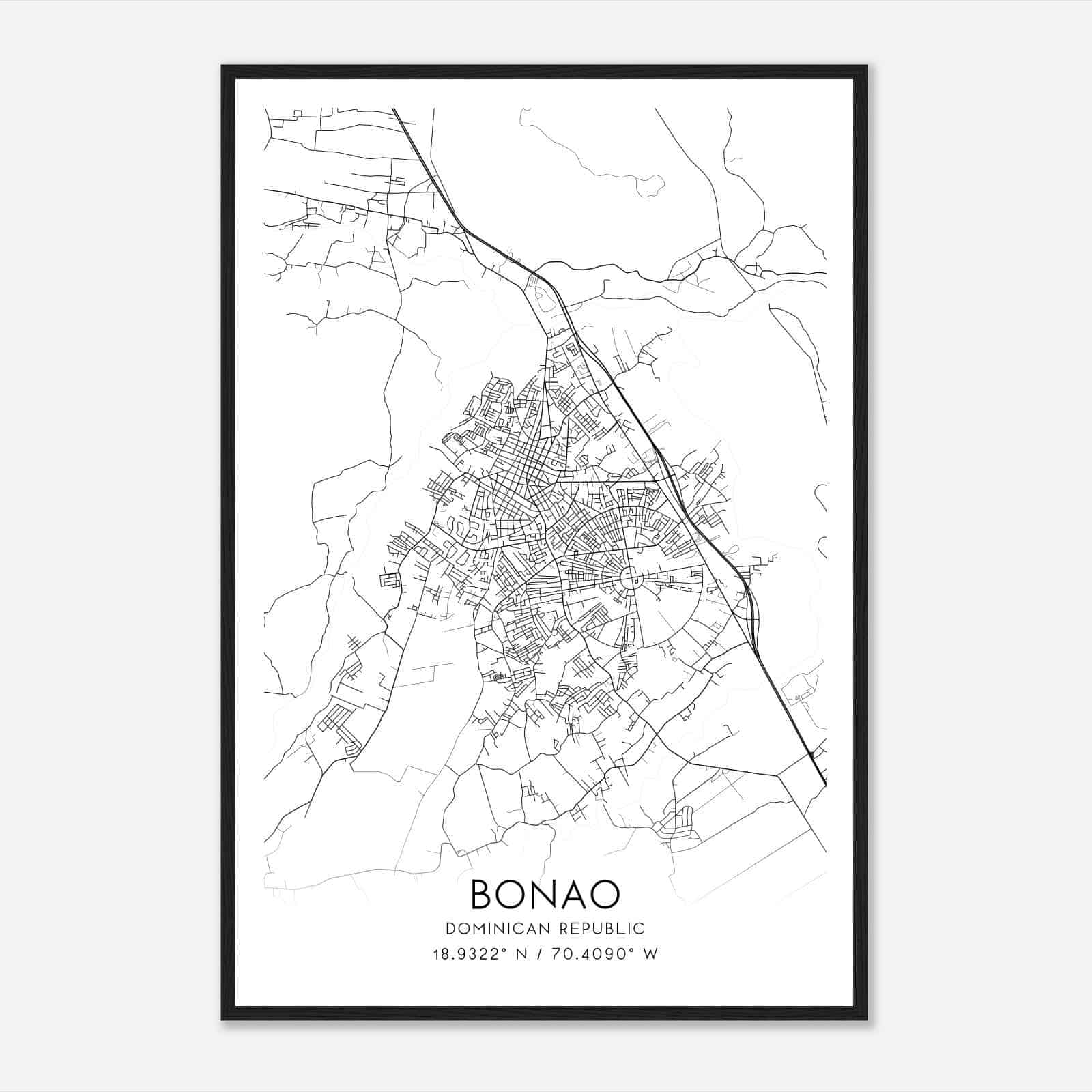 Bonao Dominican Republic Map Poster, Bonao City Road Wall Art Print