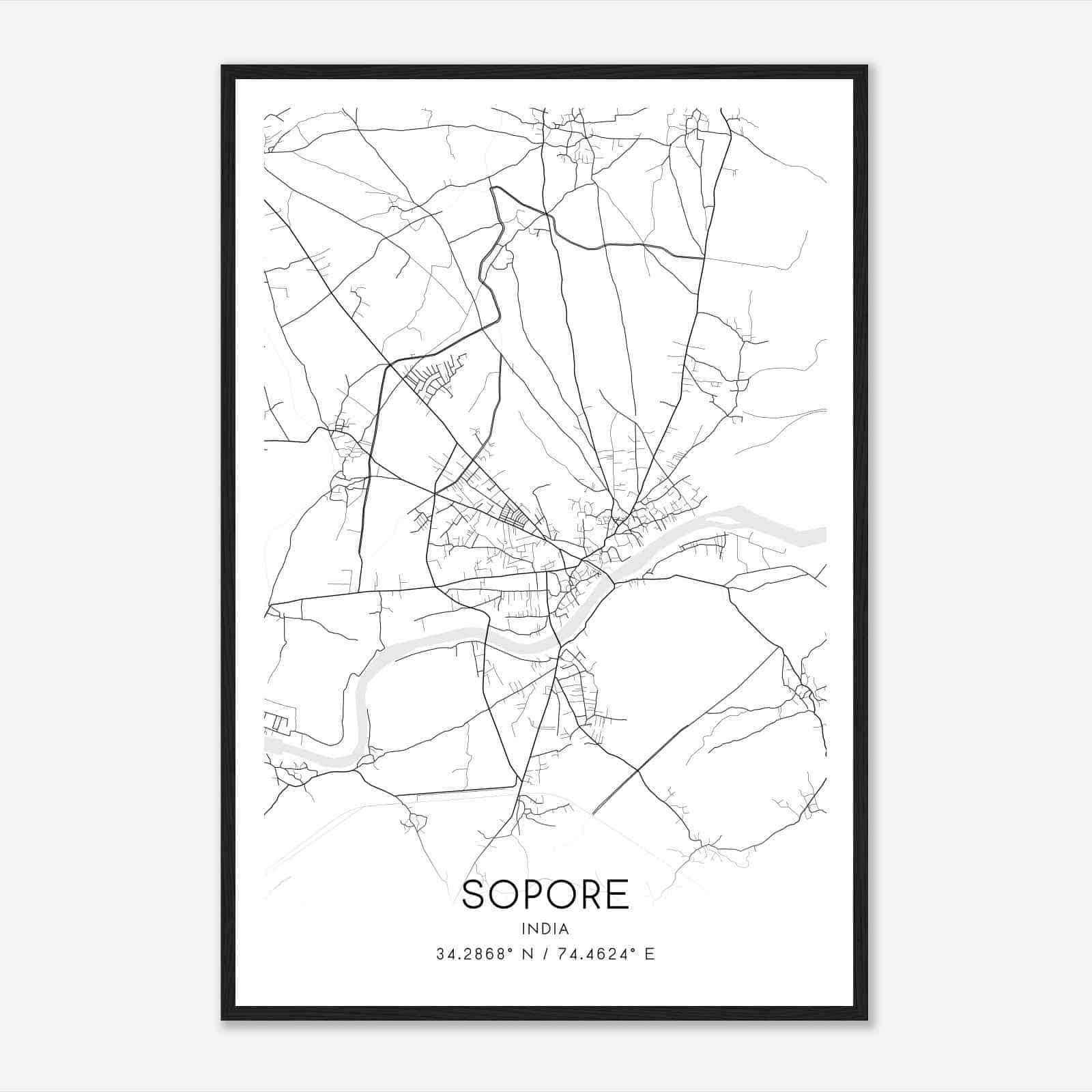 Sopore India Map Poster, Sopore City Road Wall Art Print