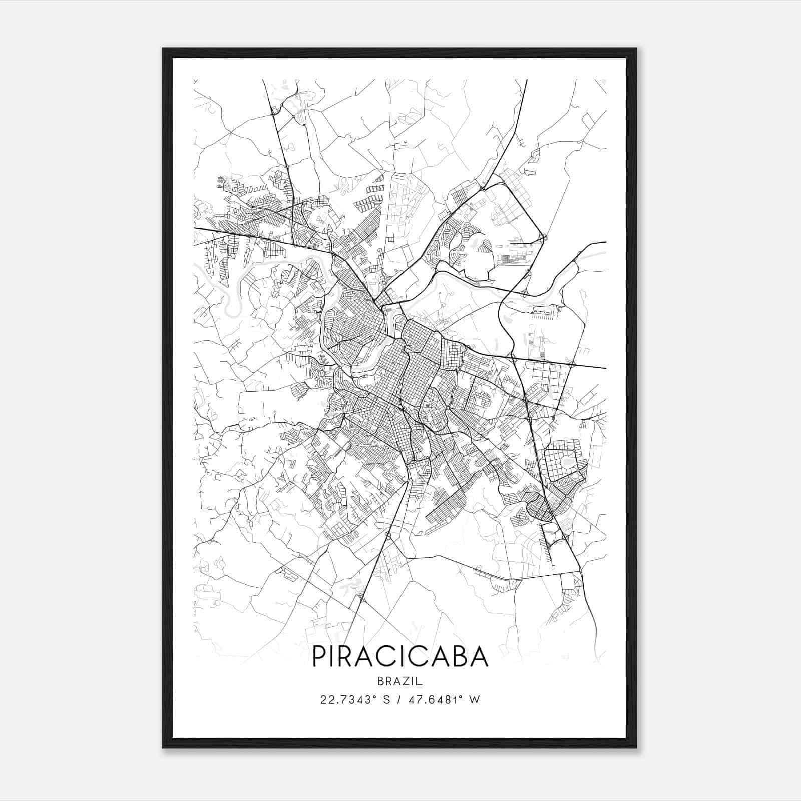 Piracicaba Brazil Map Poster, Piracicaba City Road Wall Art Print