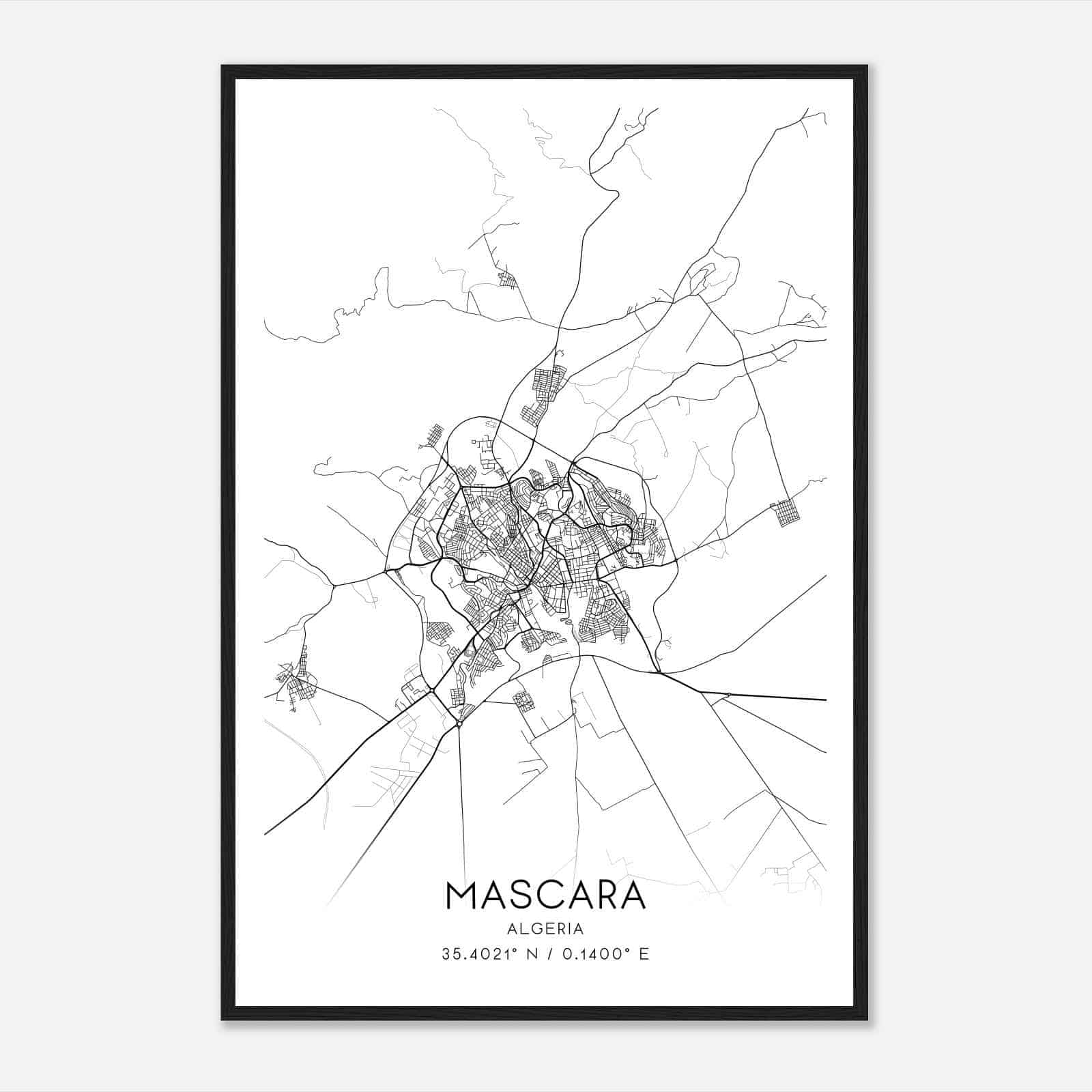Mascara Algeria Map Poster, Mascara City Road Wall Art Print