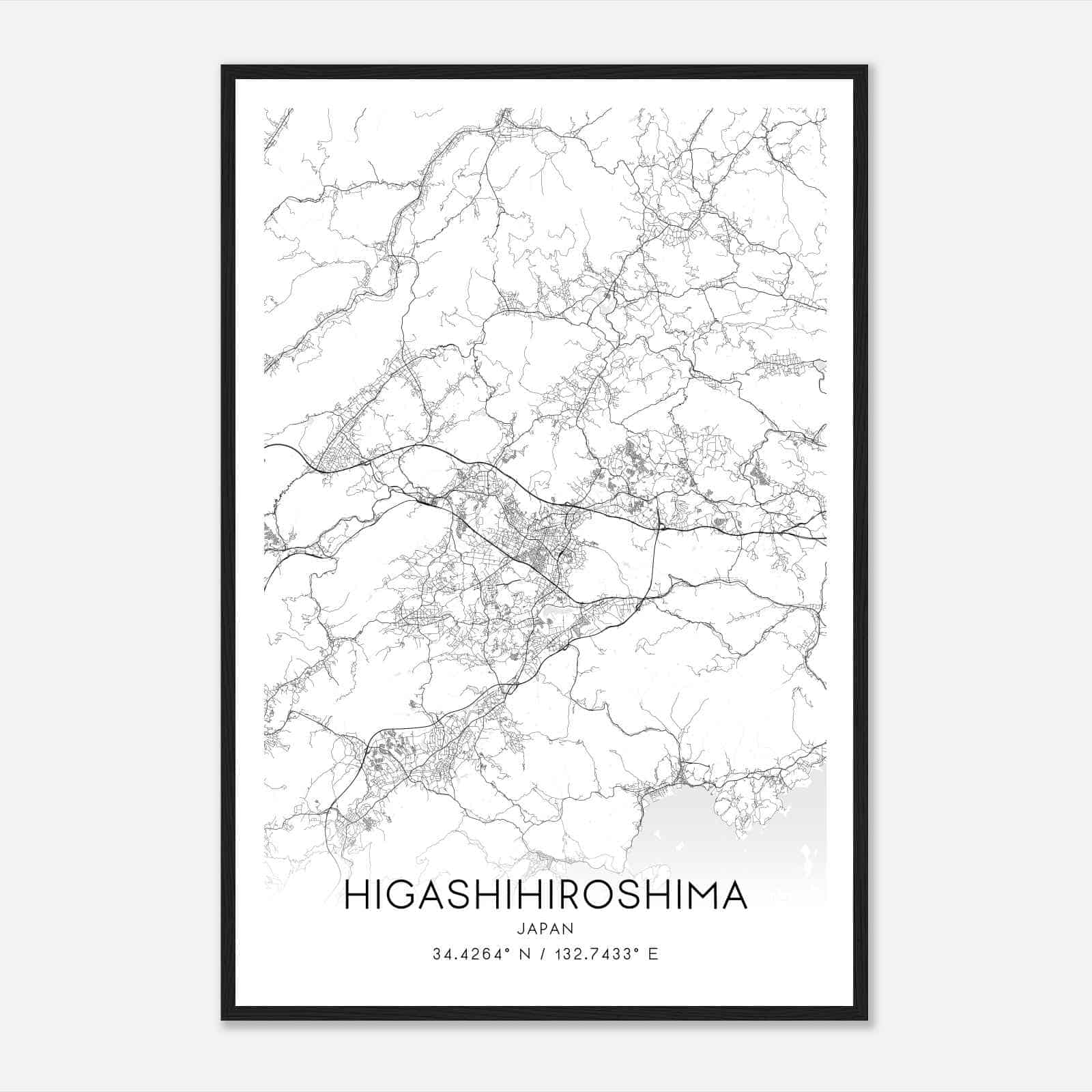 Higashihiroshima Japan Map Poster, Higashihiroshima City Road Wall Art Print