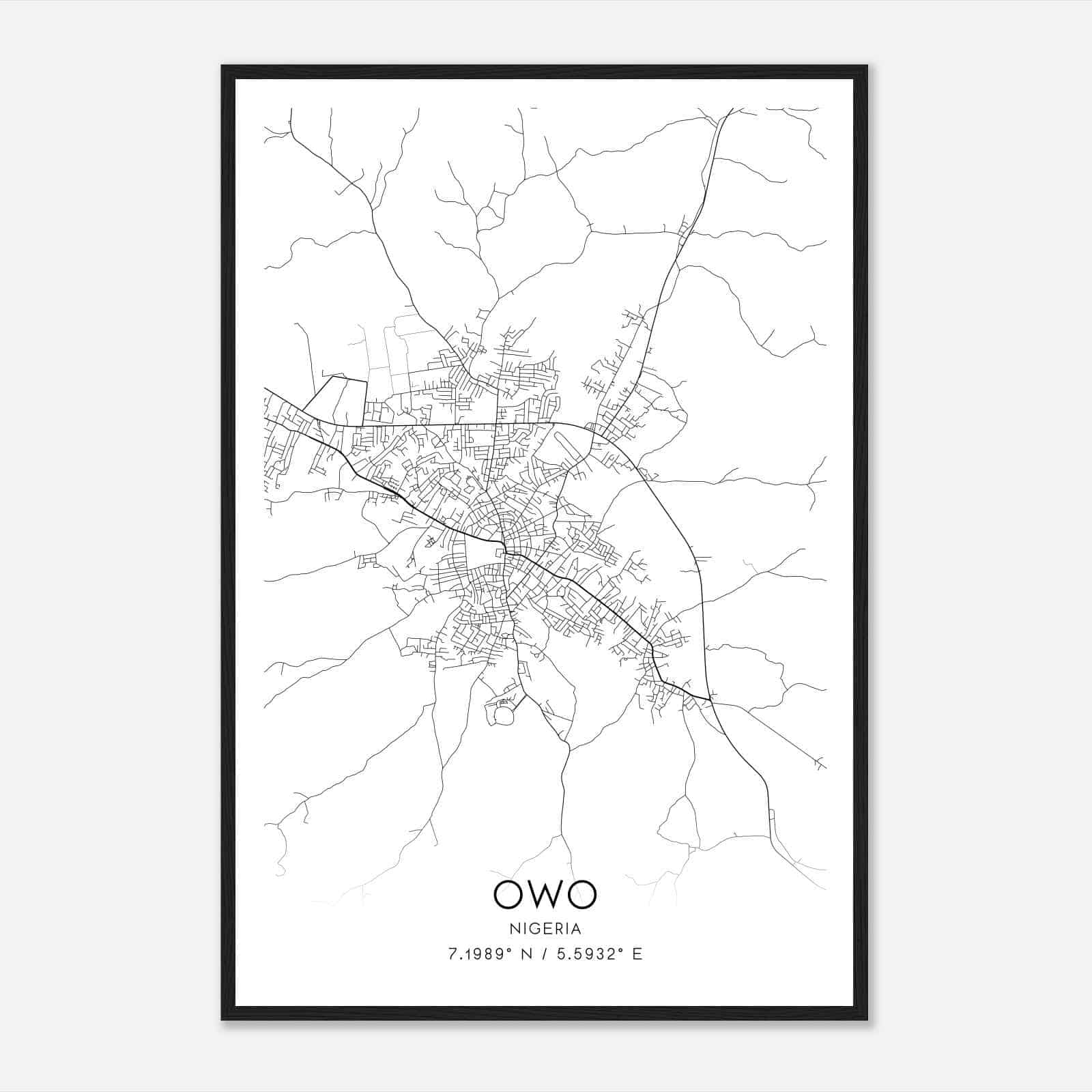 Owo Nigeria Map Poster, Owo City Road Wall Art Print