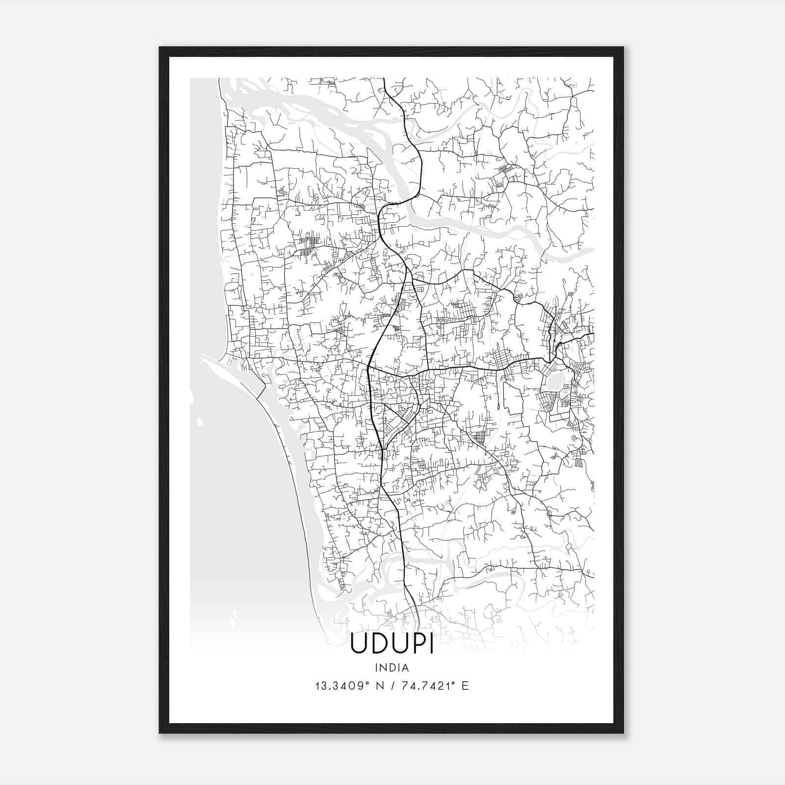Udupi India Map Poster, Udupi City Road Wall Art Print Custom Maps