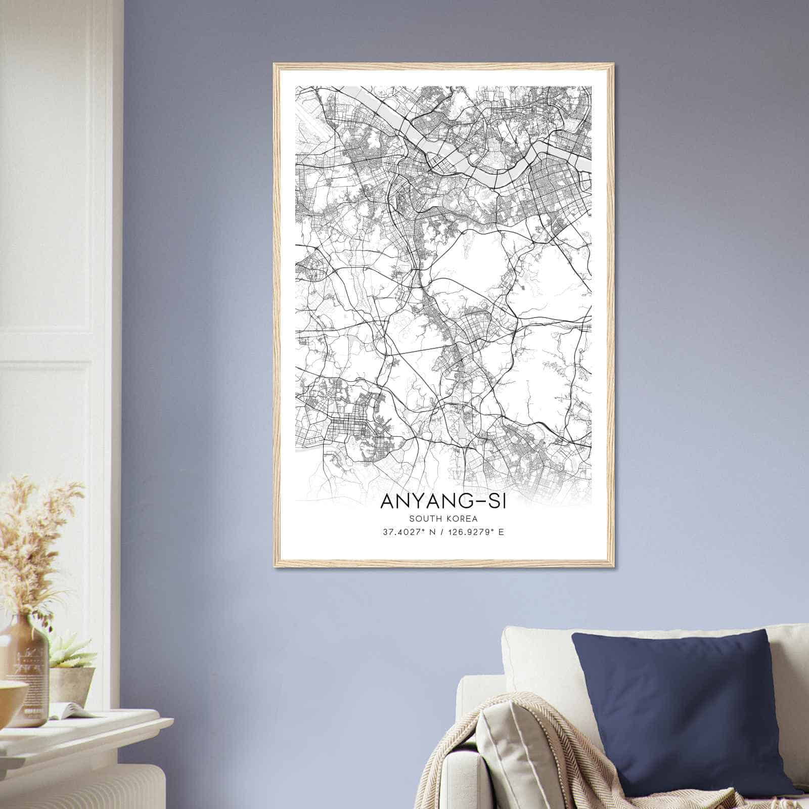 Anyangsi South Korea Map Poster, Anyangsi City Road Wall Art Print