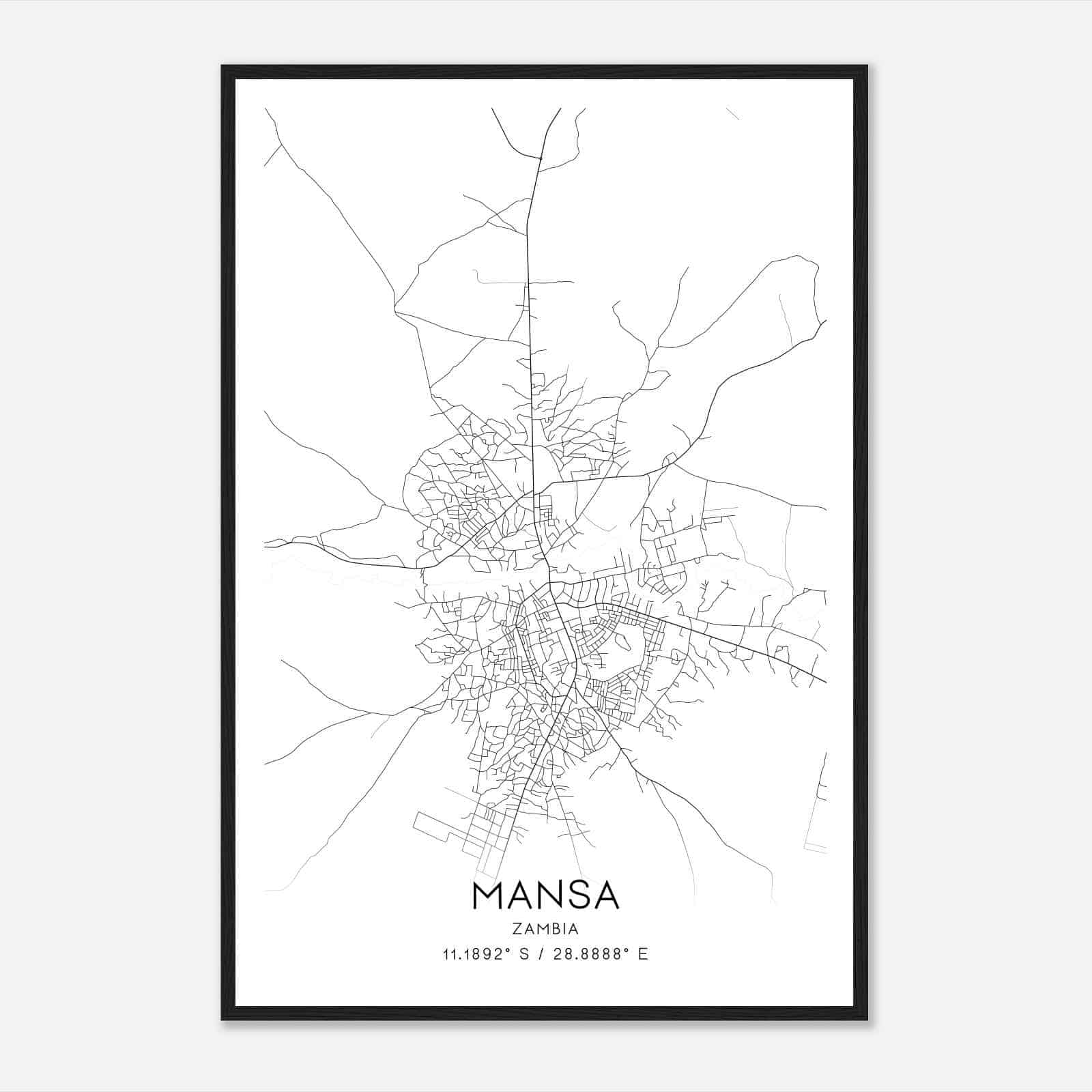 Mansa Zambia Map Poster, Mansa City Road Wall Art Print