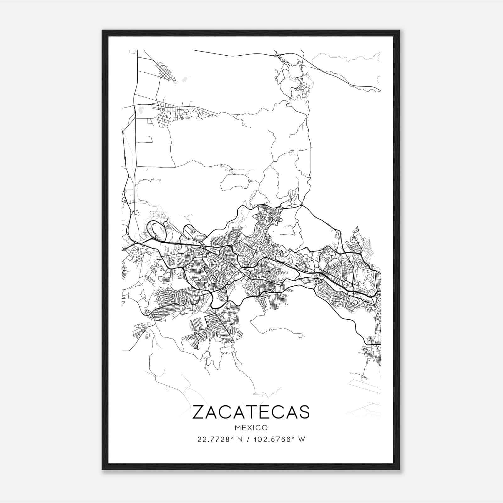 Zacatecas Mexico Map Poster, Zacatecas City Road Wall Art Print
