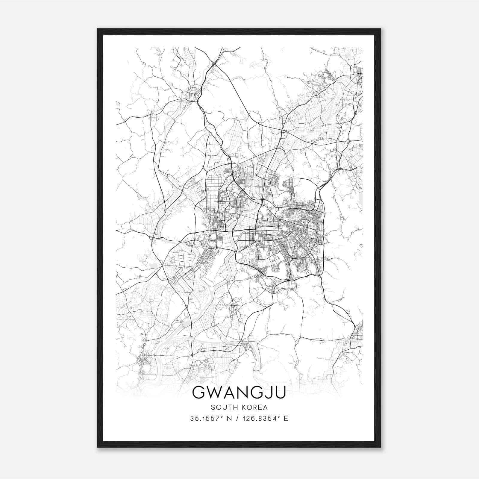Gwangju South Korea Map Poster, Gwangju City Road Wall Art Print
