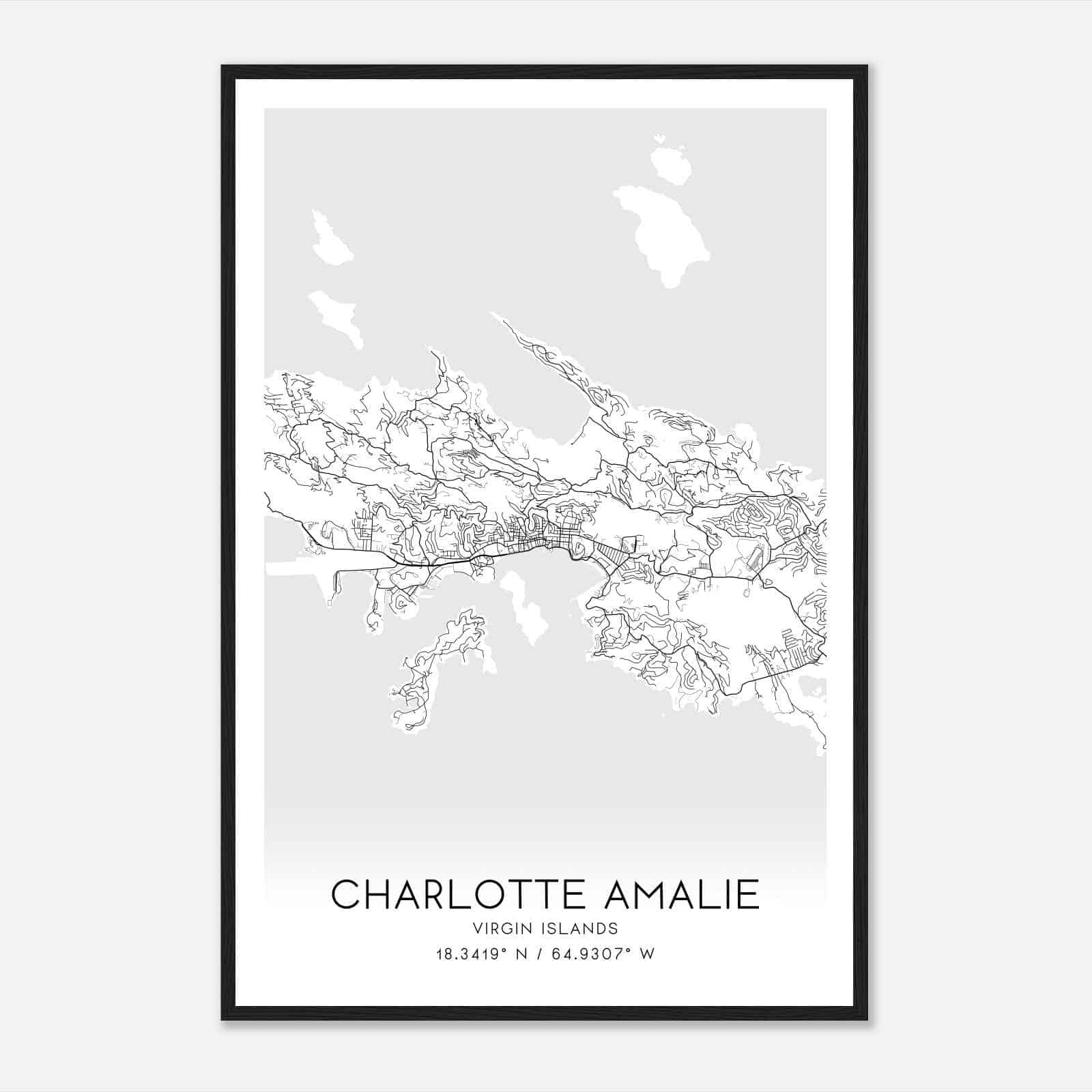 Charlotte Amalie Virgin Islands Map Poster, Charlotte Amalie City Road Wall Art Print