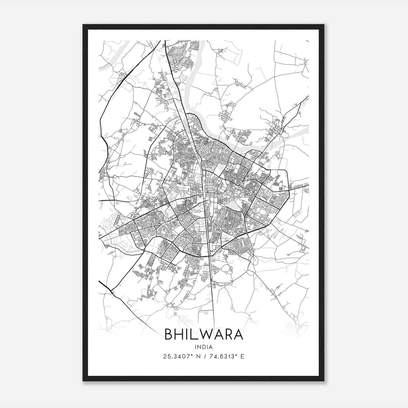 Bhilwara India Map Poster, Bhilwara City Road Wall Art Print