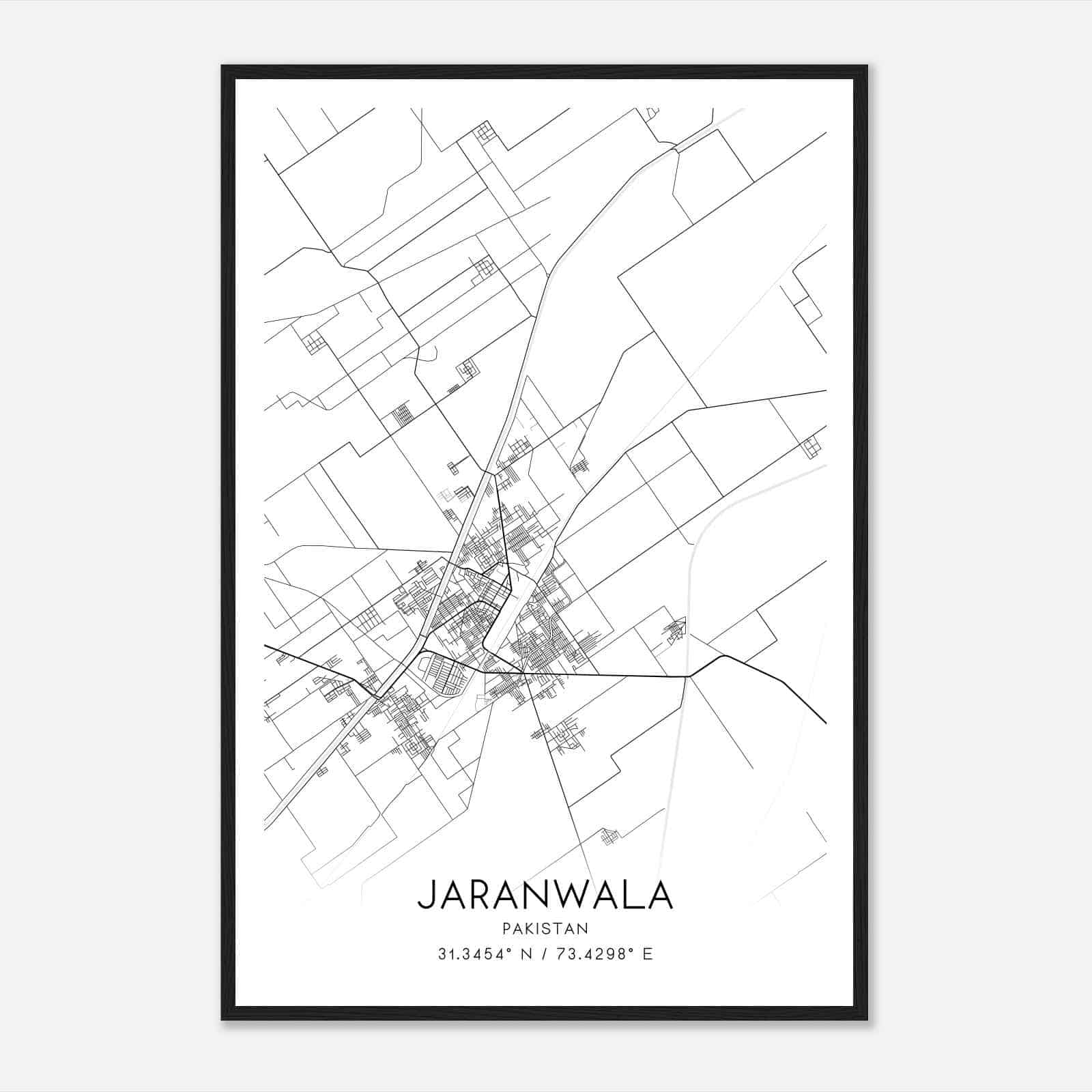 Jaranwala Pakistan Map Poster, Jaranwala City Road Wall Art Print