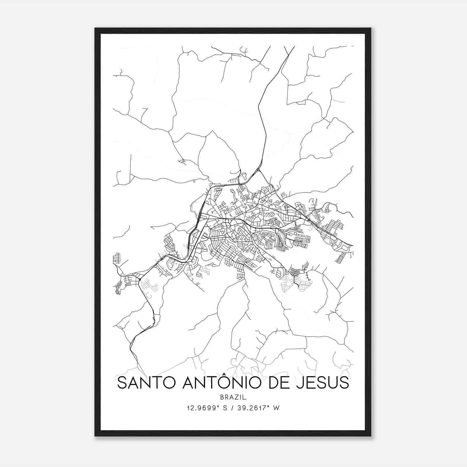 Santo Antonio de Jesus Brazil Map Poster, Santo Antonio de Jesus City Road Wall Art Print